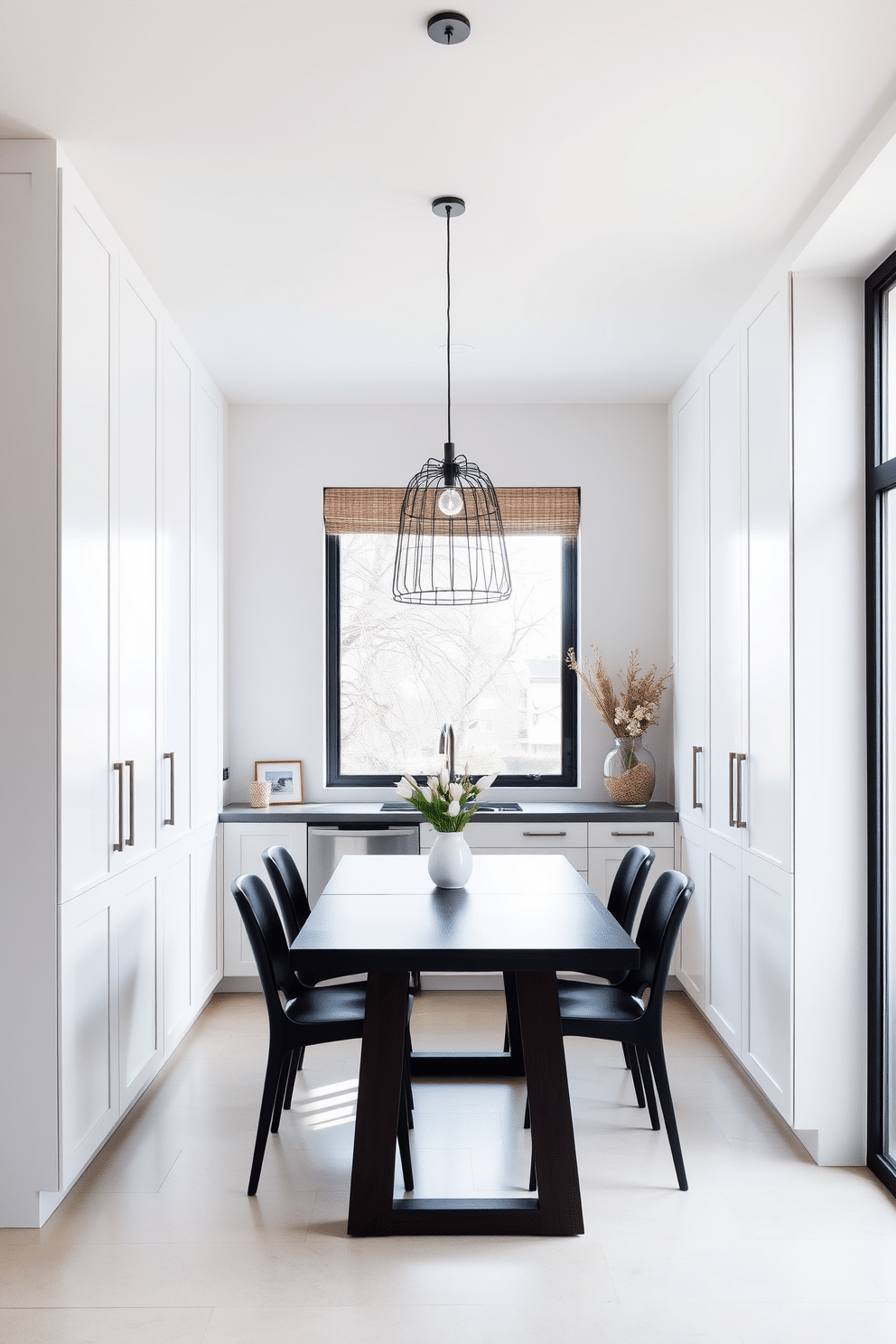 A small kitchen dining room features tall cabinets that stretch from floor to ceiling, maximizing vertical space for storage and creating an illusion of height. The cabinets are a sleek white finish, complemented by a dark wood dining table that seats four, enhancing the modern aesthetic. Natural light floods the room through a large window, illuminating the space and highlighting the minimalist decor. A stylish pendant light hangs above the table, adding a touch of elegance while maintaining an open and airy feel.