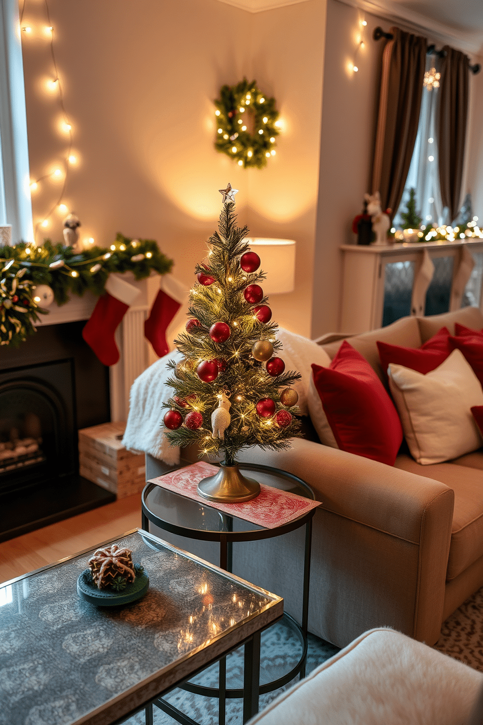 A charming mini Christmas tree adorned with twinkling lights and colorful ornaments sits atop a stylish side table in the corner of a cozy living room. The table is complemented by a festive table runner and a few carefully placed holiday-themed decorations, creating a warm and inviting atmosphere. The small living room is elegantly decorated for the season, featuring a plush sofa draped with a soft throw blanket and decorative pillows in rich reds and greens. Stockings hang from a chic mantel, while twinkling fairy lights frame the windows, enhancing the festive cheer.