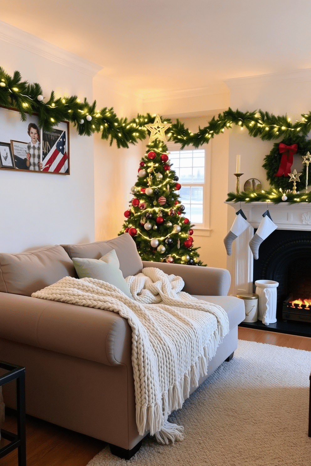 A small living room adorned for Christmas, featuring a plush sofa draped with a cozy knit blanket in soft cream. A beautifully decorated Christmas tree stands in the corner, twinkling with warm white lights and colorful ornaments, while festive garlands hang above the fireplace.