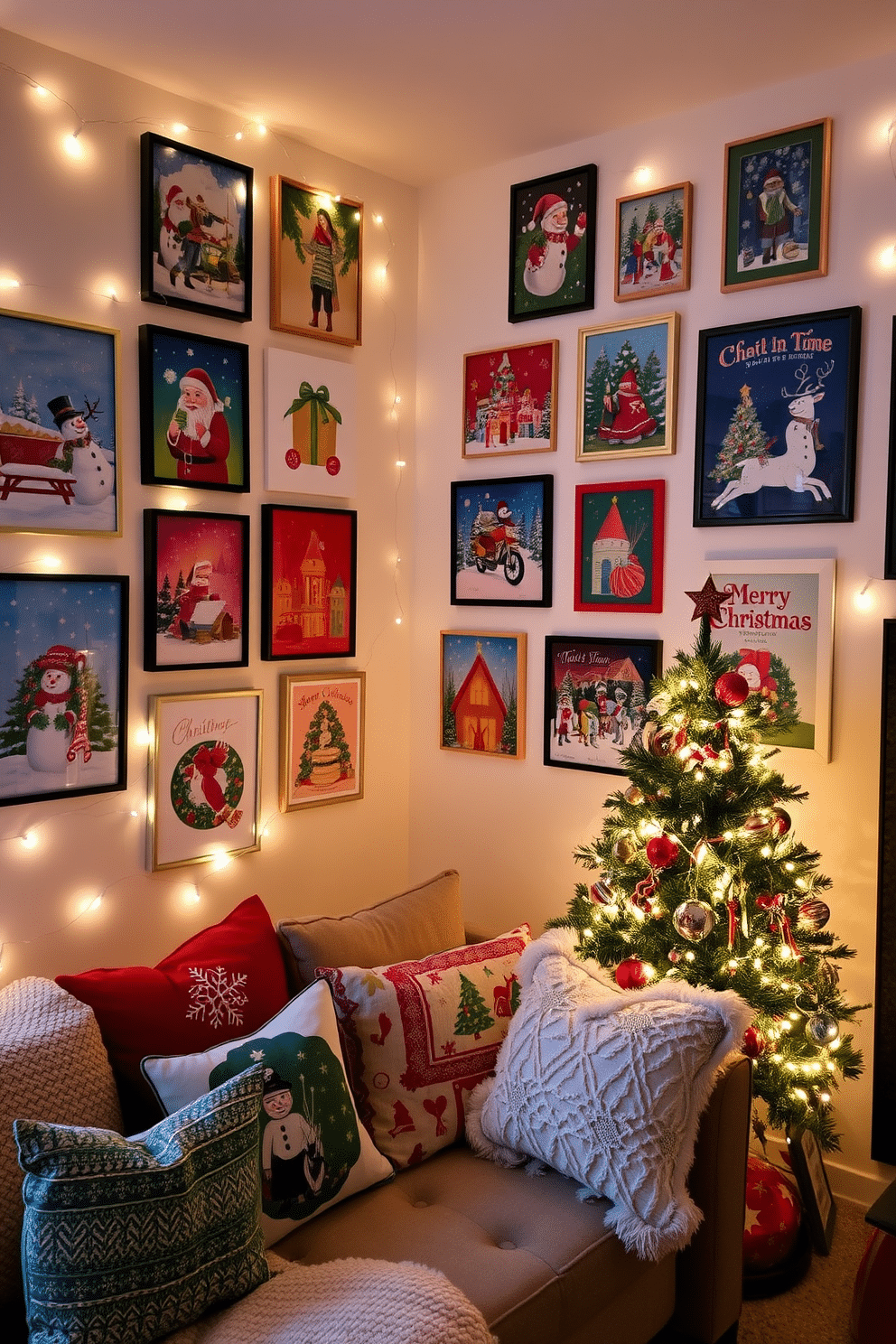 A vibrant wall adorned with an array of Christmas art pieces, showcasing festive themes and colors that evoke holiday cheer. Each artwork features a unique design, from traditional holiday scenes to modern interpretations, creating a captivating visual display. A cozy small living room transformed for the holidays, featuring a beautifully decorated Christmas tree in the corner. Soft string lights illuminate the space, while festive cushions and throws add warmth and comfort to the seating area.