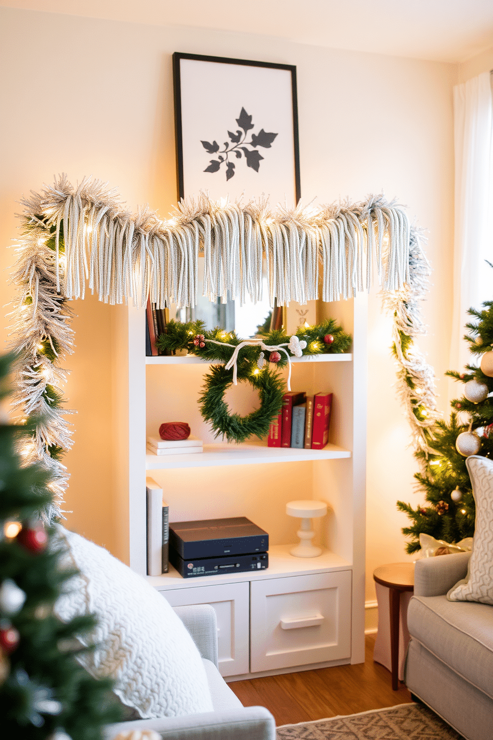 Create a cozy small living room adorned for Christmas. Tinsel drapes elegantly over the shelves, reflecting the warm glow of string lights that twinkle softly throughout the space.