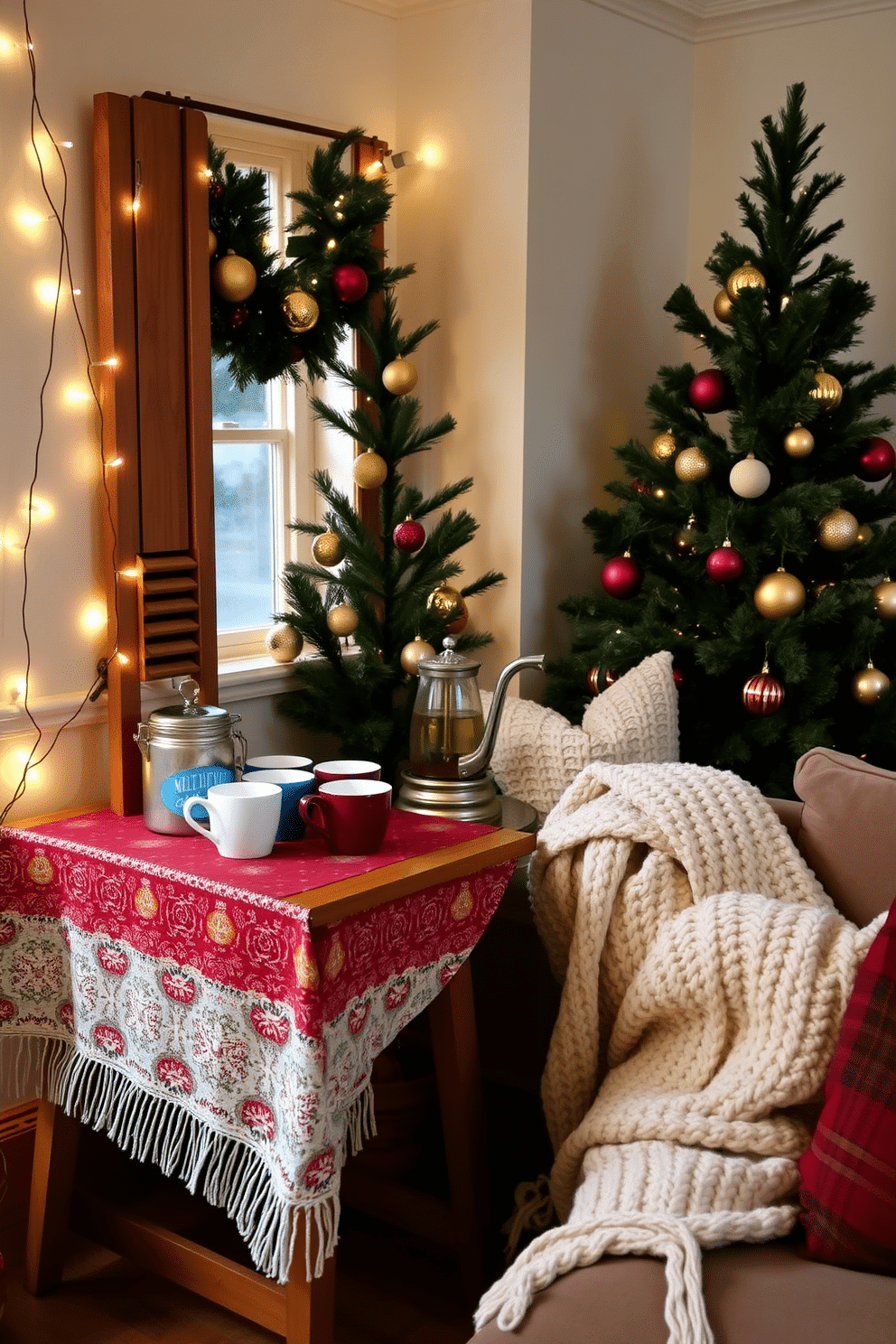 A cozy small hot cocoa station is set up in the corner of a charming living room. It features a rustic wooden table adorned with a festive tablecloth, a selection of colorful mugs, and a vintage cocoa pot, surrounded by twinkling fairy lights. The small living room is beautifully decorated for Christmas, with a lush green tree in the corner adorned with gold and red ornaments. Plush throw pillows and a warm, knitted blanket are draped over a comfortable sofa, creating an inviting atmosphere for holiday gatherings.