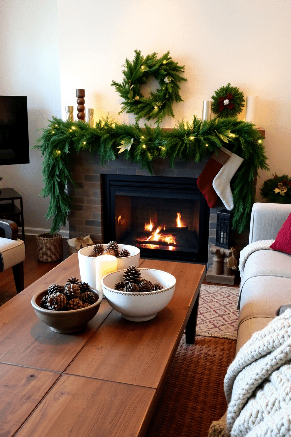 A cozy small living room adorned for Christmas, featuring decorative bowls filled with pinecones arranged on a rustic wooden coffee table. Soft, warm lighting illuminates the space, highlighting a beautifully draped evergreen garland along the mantelpiece and a plush throw blanket on a comfortable sofa.