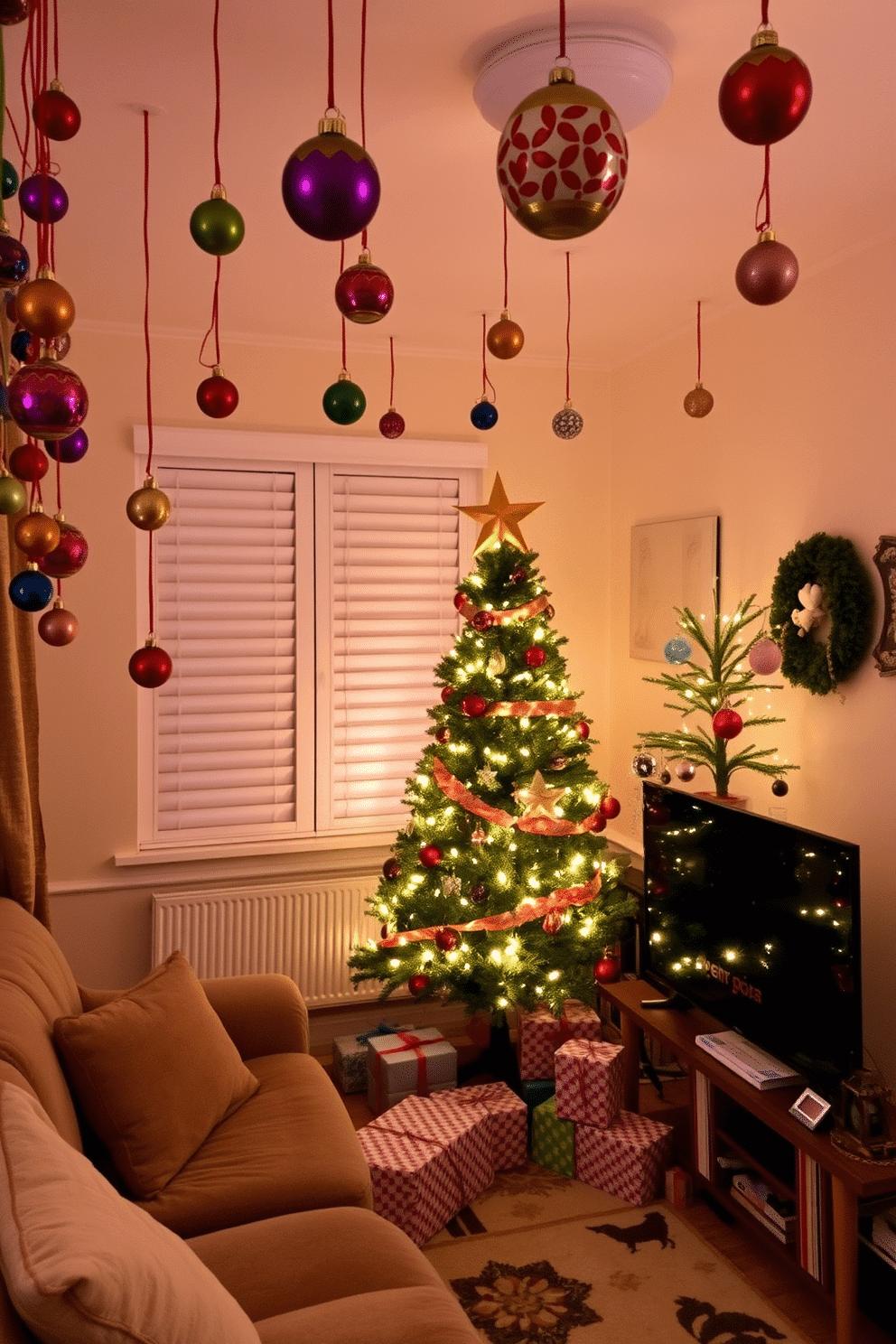 A cozy small living room adorned for Christmas, with colorful ornaments hanging from the ceiling, creating a festive atmosphere. A beautifully decorated tree stands in the corner, surrounded by wrapped gifts and twinkling fairy lights that add warmth to the space.