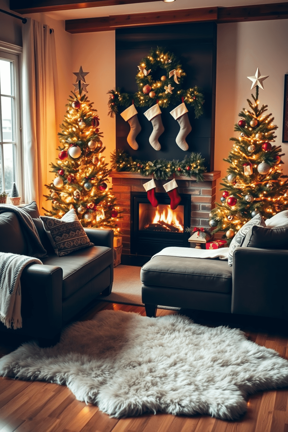 A cozy small living room adorned for Christmas. A faux fur rug adds warmth to the space, complementing the rich, dark wood furniture. A beautifully decorated Christmas tree stands in the corner, twinkling with warm white lights and colorful ornaments. Stockings are hung above a modern fireplace, creating an inviting atmosphere perfect for holiday gatherings.