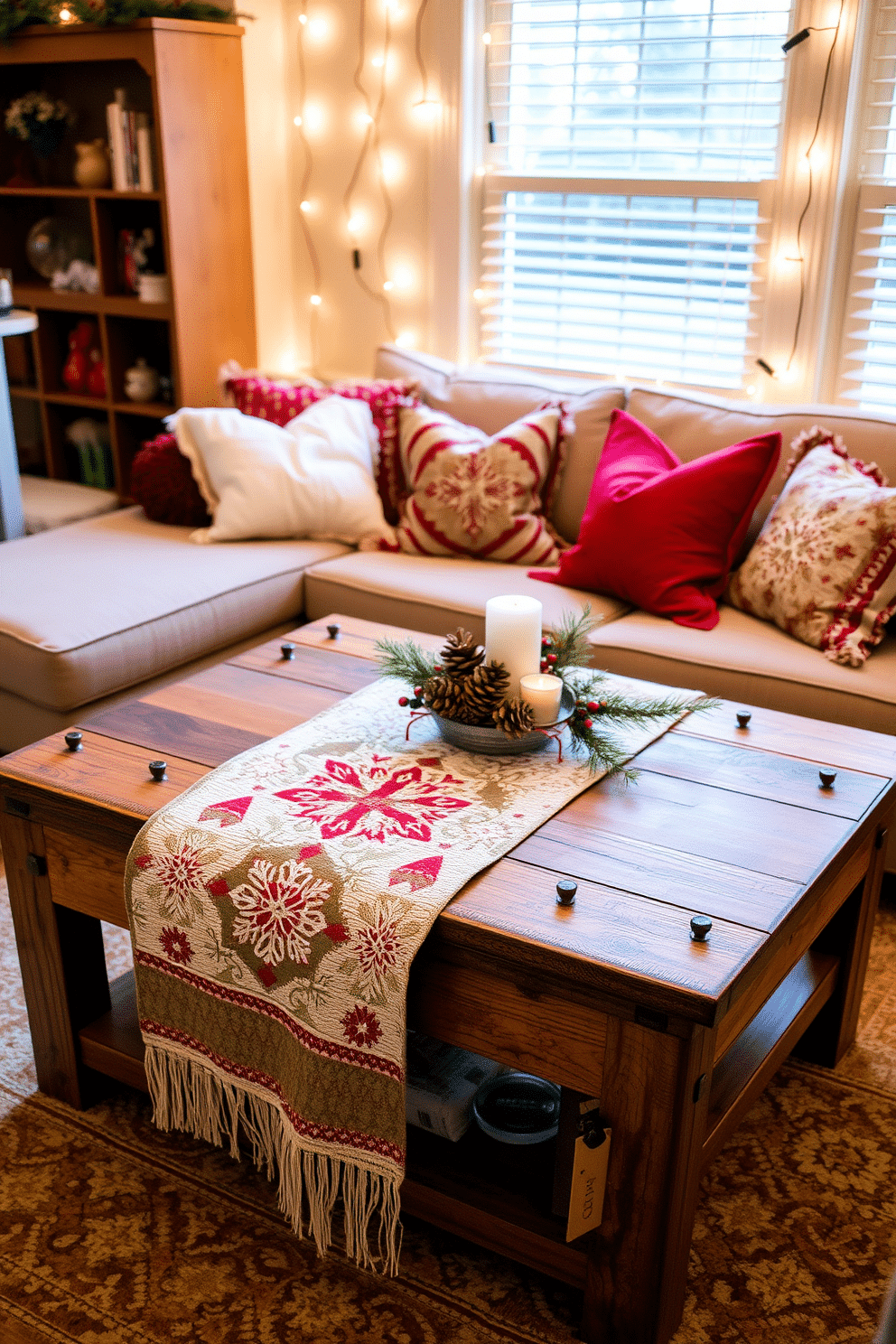 A cozy small living room adorned for the holidays features a festive table runner draped across a rustic wooden coffee table. The runner is decorated with intricate snowflake patterns and vibrant red accents, complemented by a centerpiece of pinecones and seasonal greenery. Soft, warm lighting emanates from string lights delicately hung around the room, creating a welcoming atmosphere. Plush throw pillows in holiday colors are scattered on a comfortable sofa, inviting guests to relax and enjoy the festive spirit.