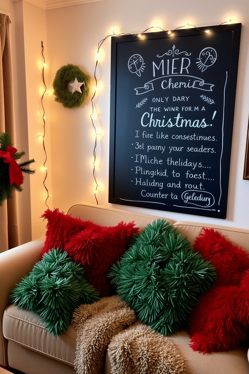 A cozy small living room adorned for the Christmas season. A large chalkboard stands prominently on one wall, decorated with festive messages and holiday cheer. Around the chalkboard, twinkling fairy lights create a warm ambiance. Plush throw pillows in red and green are scattered across a comfortable sofa, inviting relaxation and joy.