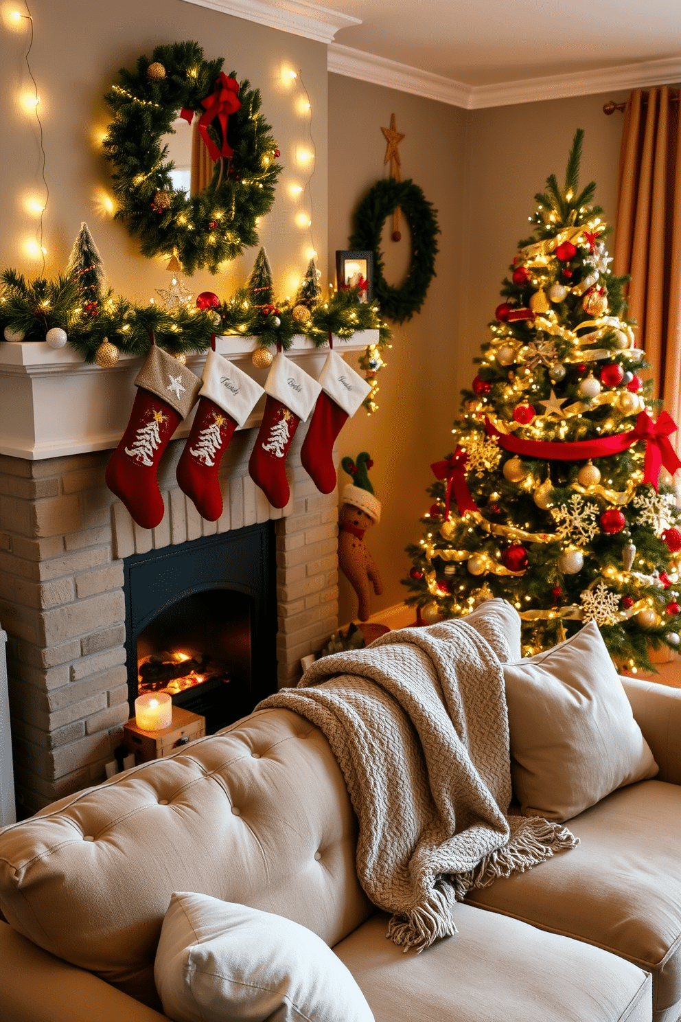 A cozy living room adorned for Christmas, featuring a plush couch with festive stockings hung above the mantel. The space is decorated with twinkling fairy lights, a beautifully adorned Christmas tree in the corner, and a warm throw blanket draped over the arm of the couch.