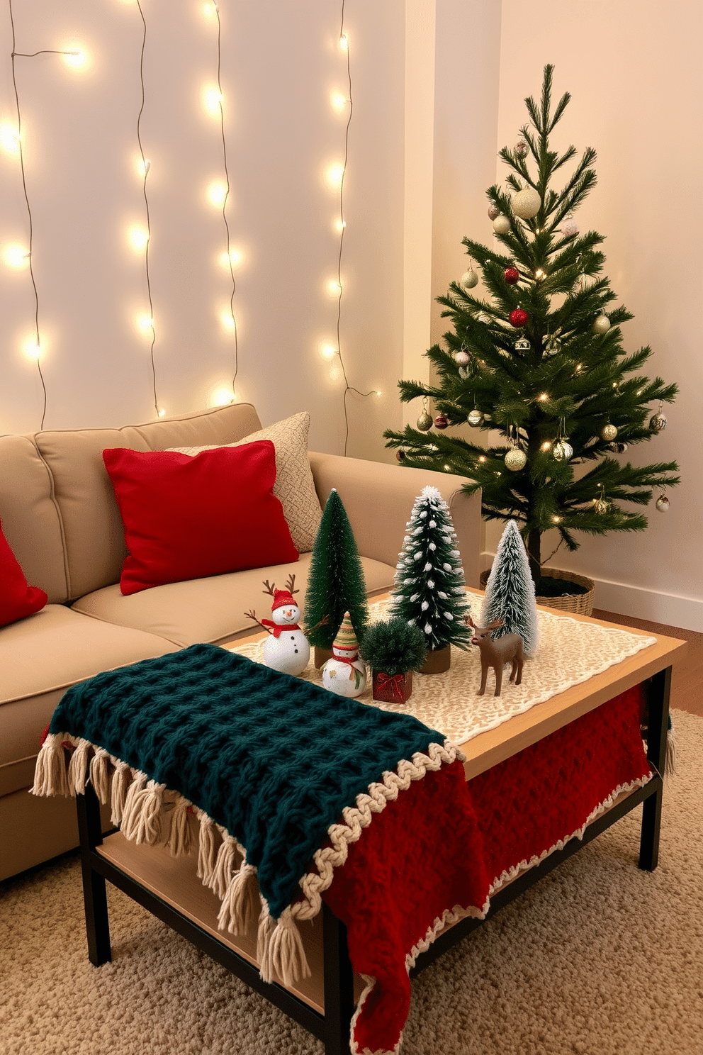 A cozy small living room adorned for the holidays features a plush sofa draped with a soft, knitted throw in festive colors. On the coffee table, a collection of small festive figurines, including a snowman, a reindeer, and a Christmas tree, create a cheerful centerpiece. The walls are decorated with twinkling string lights, casting a warm glow across the room. A small evergreen tree in the corner, decorated with delicate ornaments, complements the festive atmosphere and adds a touch of holiday spirit.