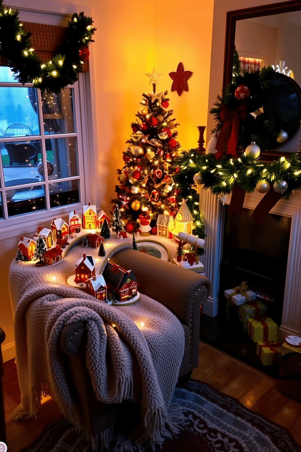 A cozy corner featuring a mini village setup, complete with charming miniature houses adorned with twinkling lights. Surrounding the village, a soft, plush blanket is draped over a small armchair, creating an inviting atmosphere. The small living room is decorated with festive Christmas elements, including a beautifully adorned tree in the corner and garlands wrapped around the mantel. Warm, ambient lighting enhances the cheerful decorations, while colorful ornaments and a scattering of presents complete the holiday scene.