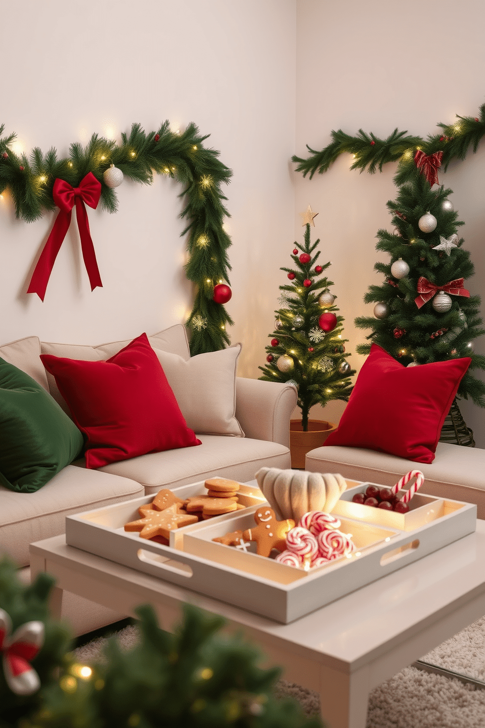 A cozy small living room adorned for the holidays features a plush, neutral-colored sofa with festive throw pillows in red and green. On the coffee table, decorative trays hold an assortment of holiday treats, including gingerbread cookies and peppermint candies, surrounded by twinkling fairy lights. The walls are draped with garlands of evergreen, accented by sparkling ornaments and ribbons. A small, elegantly decorated Christmas tree stands in the corner, its branches adorned with delicate glass baubles and a soft, glowing star on top.