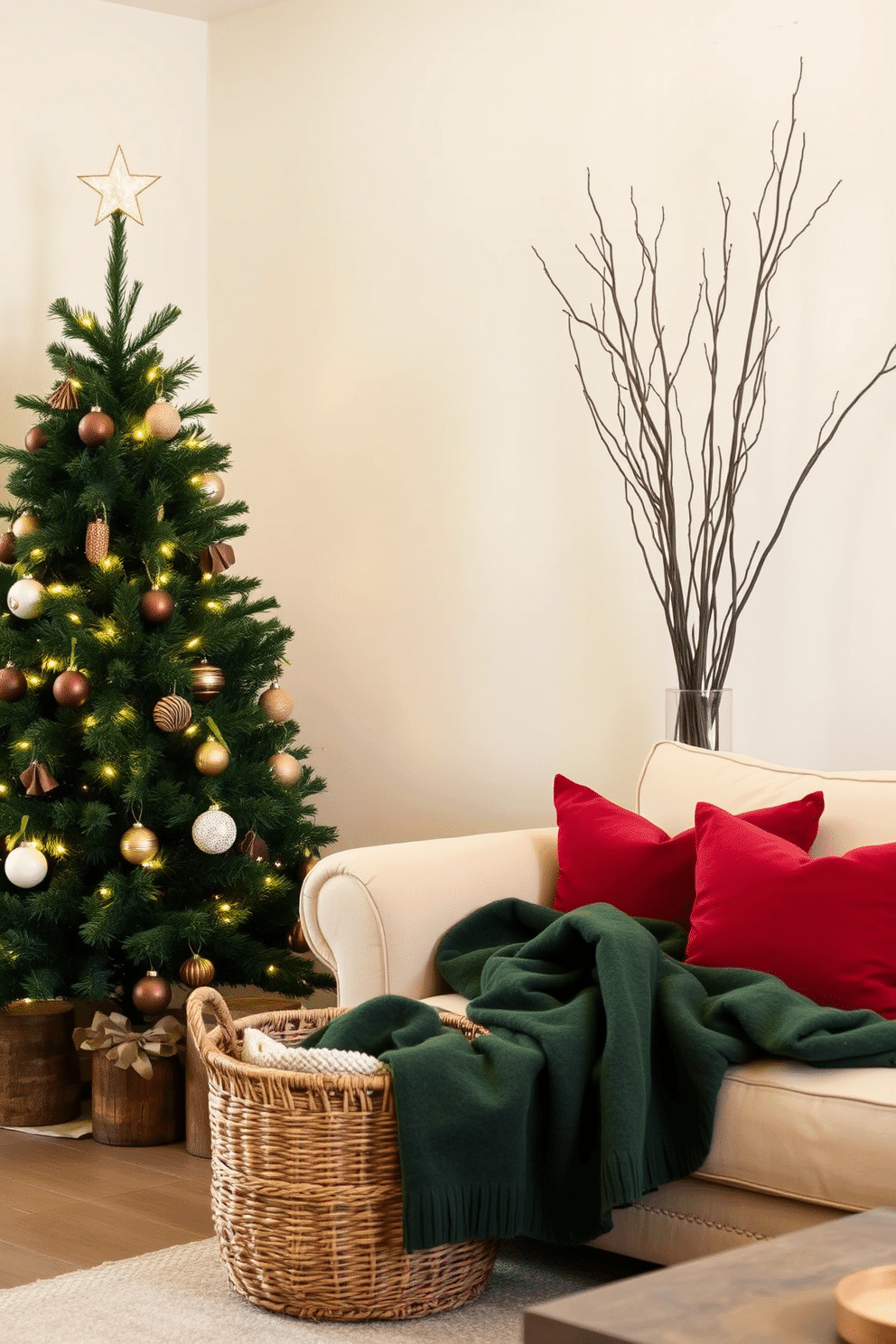 A cozy small living room adorned for Christmas, featuring a lush green pine tree decorated with warm white lights and rustic wooden ornaments. Natural elements like bare branches are elegantly arranged in a tall vase, adding a touch of organic beauty to the space. The walls are painted in a soft, neutral tone, creating a warm backdrop for festive decor. A plush, cream-colored sofa is adorned with red and green throw pillows, while a woven basket filled with cozy blankets sits nearby, inviting relaxation.