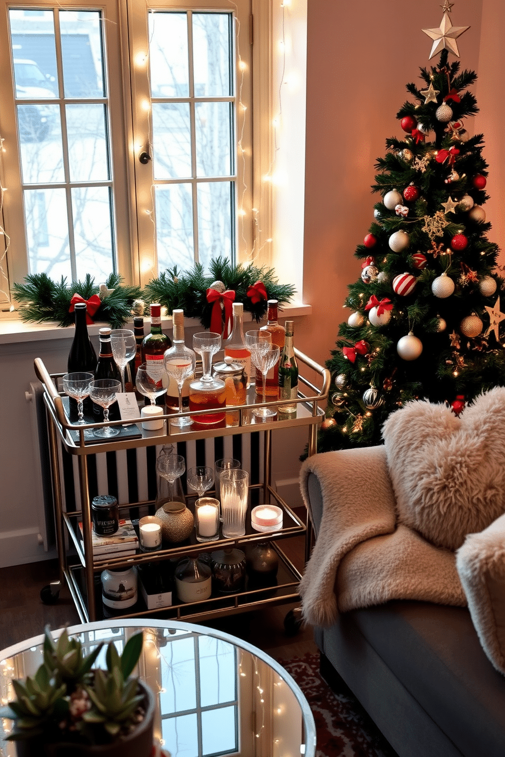 A small living room decorated for the holidays features a stylish bar cart adorned with an array of festive drinks and glassware. The cart is positioned next to a cozy seating area, where plush cushions and a soft throw blanket enhance the inviting atmosphere. Twinkling fairy lights are draped around the windows, casting a warm glow throughout the space. A beautifully decorated Christmas tree stands in the corner, complemented by a few carefully placed ornaments that reflect the room's color scheme.