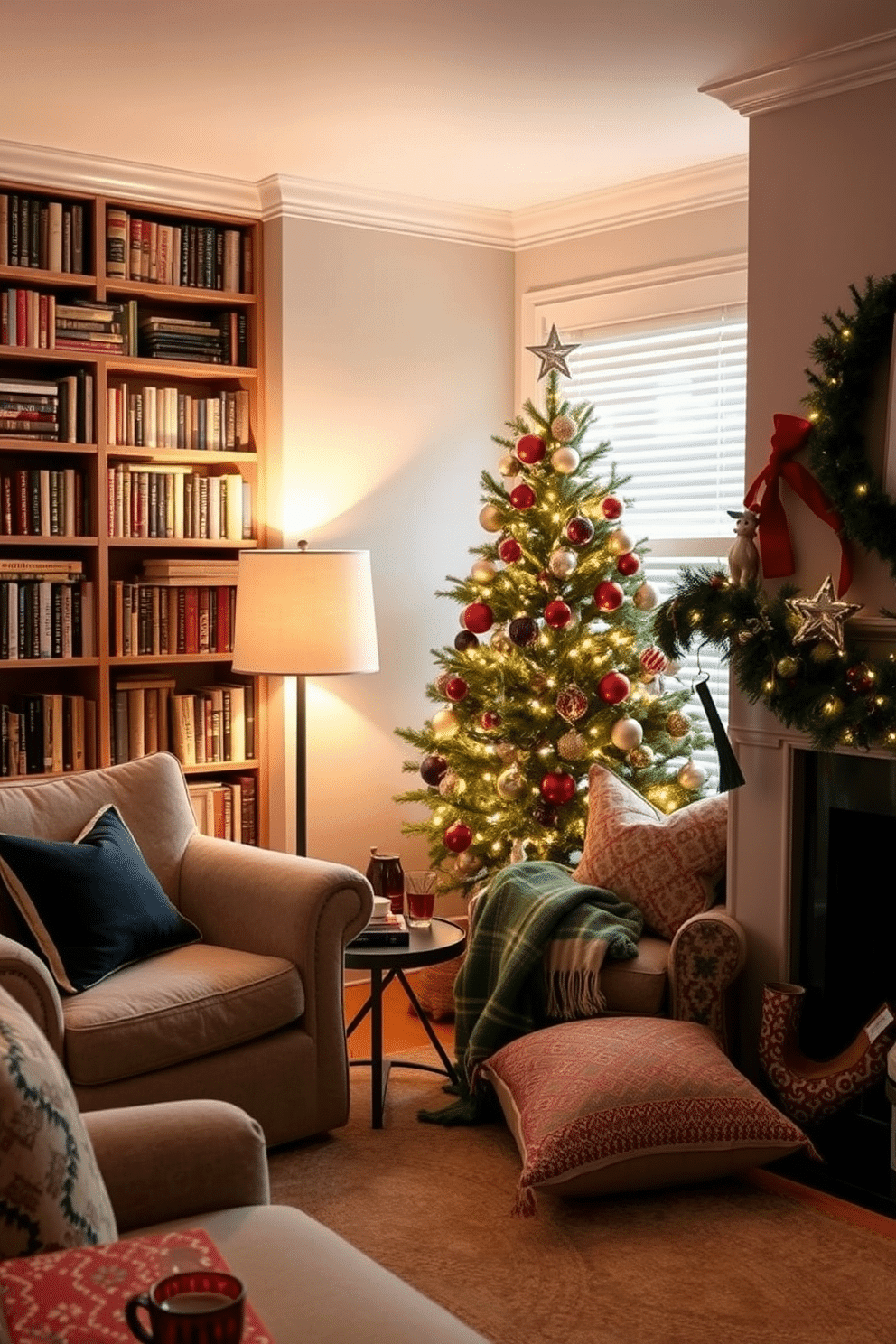 Create a cozy reading nook with soft, oversized armchairs upholstered in warm, textured fabrics. A small side table holds a steaming cup of tea, while a floor lamp with a warm glow illuminates the space, surrounded by bookshelves filled with an array of novels. Small living room Christmas decorating ideas include a beautifully decorated tree in the corner, adorned with twinkling lights and colorful ornaments. A festive garland drapes across the mantel, while cozy throw blankets and decorative pillows in seasonal colors enhance the inviting atmosphere.