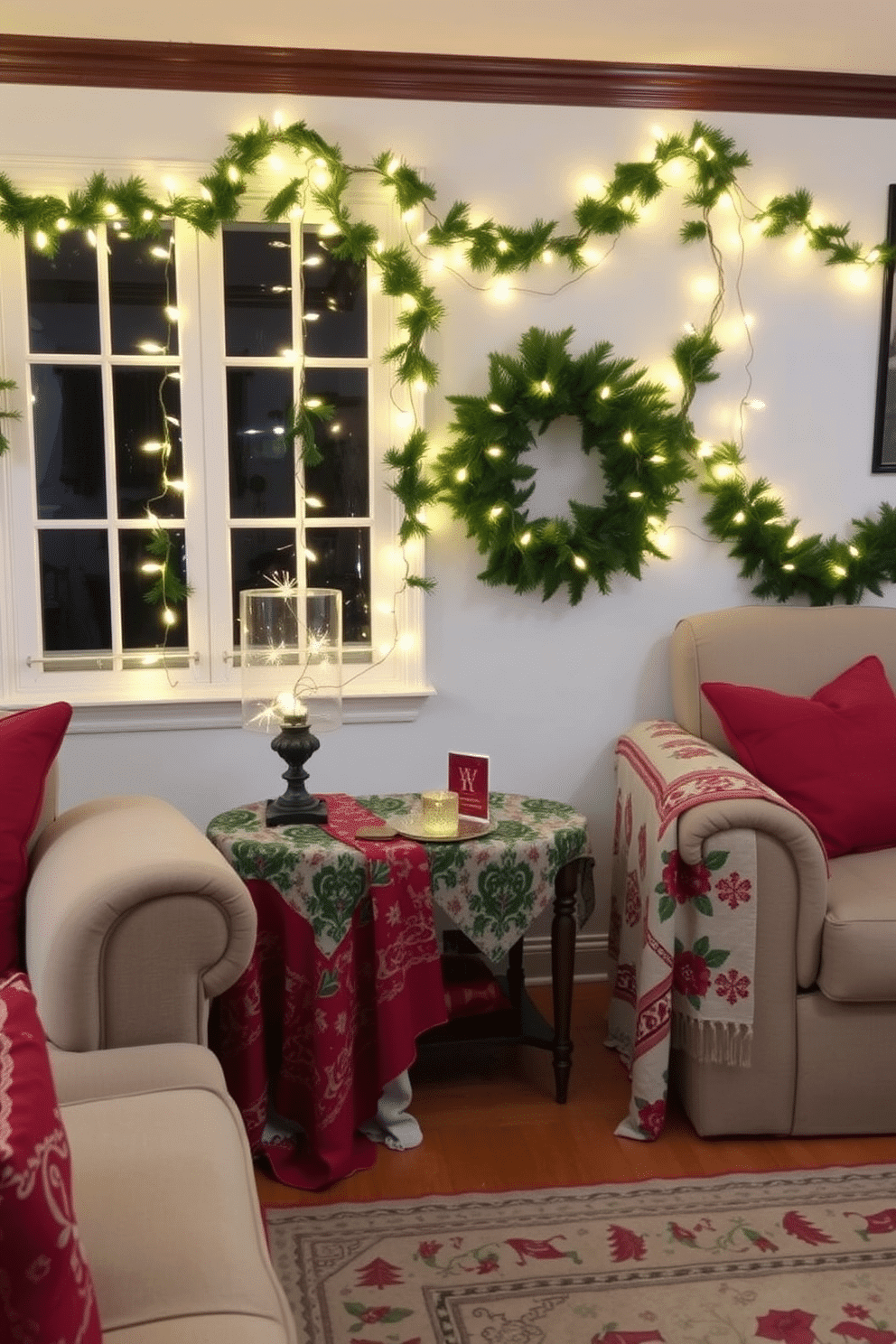 A cozy living room adorned for the holidays features side tables draped with festive tablecloths in vibrant red and green patterns. Twinkling fairy lights are intertwined with garlands of pine, adding warmth and cheer to the space.