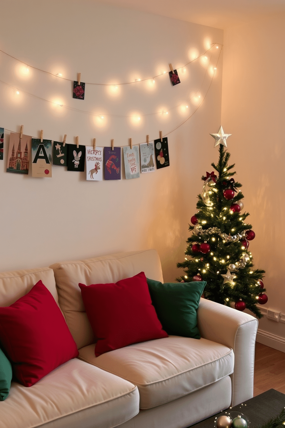 A cozy small living room adorned for the holiday season. A string of colorful holiday cards is elegantly hung across the wall, creating a festive backdrop that adds warmth to the space. A plush, cream-colored sofa is accented with red and green throw pillows, inviting relaxation. A small, decorated Christmas tree stands in the corner, twinkling with fairy lights and topped with a star, enhancing the cheerful ambiance.