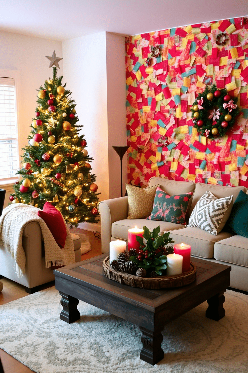 A cozy small living room adorned for Christmas features colorful wrapping paper artfully arranged on the walls, transforming the space into a festive haven. The room is furnished with a plush, neutral-colored sofa, accented by vibrant throw pillows and a soft, textured blanket draped over the armrest. A beautifully decorated Christmas tree stands in the corner, adorned with twinkling lights and an assortment of colorful ornaments that reflect the wrapping paper theme. A rustic coffee table is topped with a festive centerpiece, including pinecones, candles, and a small arrangement of holly, enhancing the holiday ambiance.