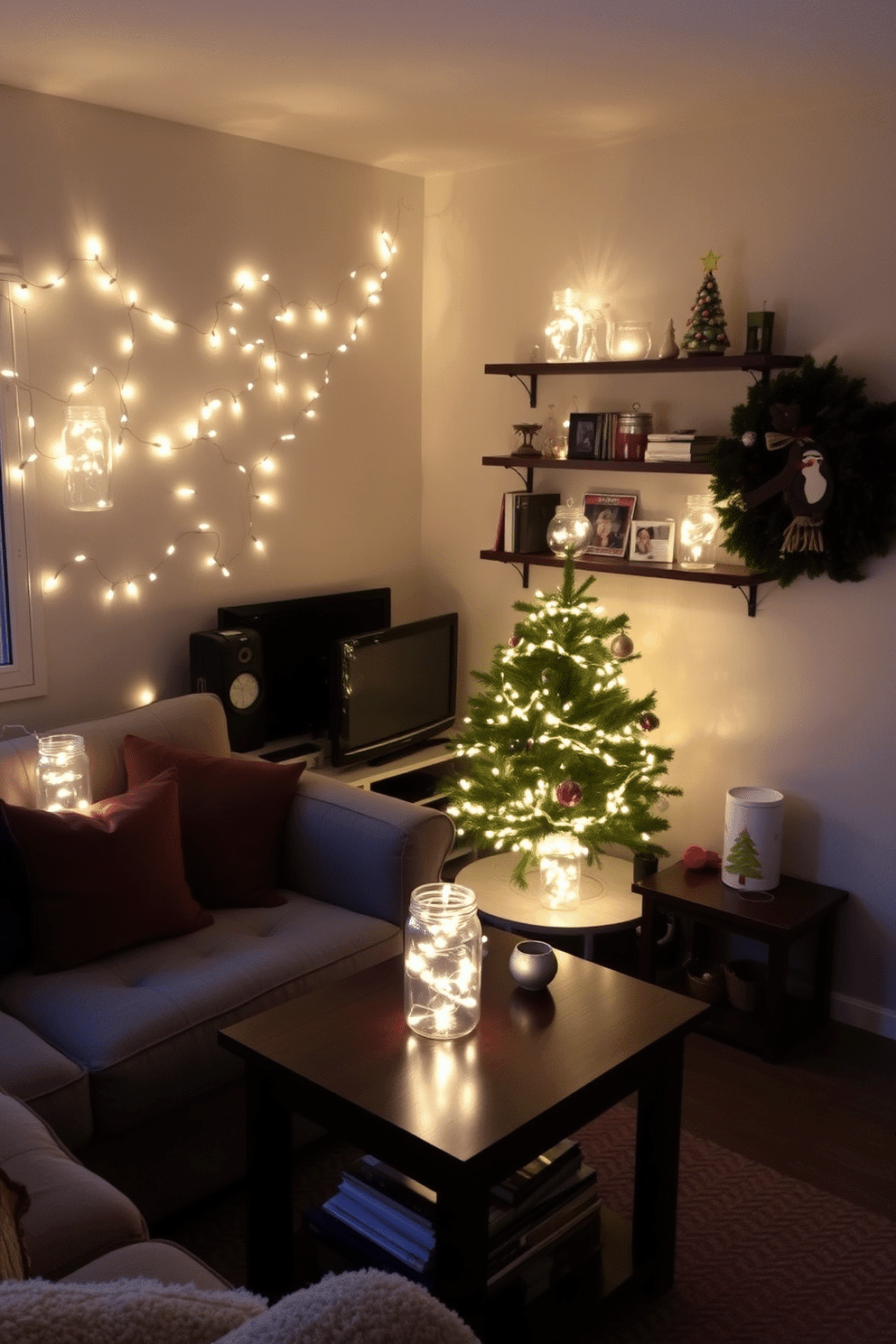 A cozy small living room adorned for Christmas, featuring fairy lights delicately strung inside glass jars that are scattered across shelves and tables. The warm glow of the lights creates a festive atmosphere, complemented by a small, beautifully decorated Christmas tree in the corner, draped with ornaments and a star on top.