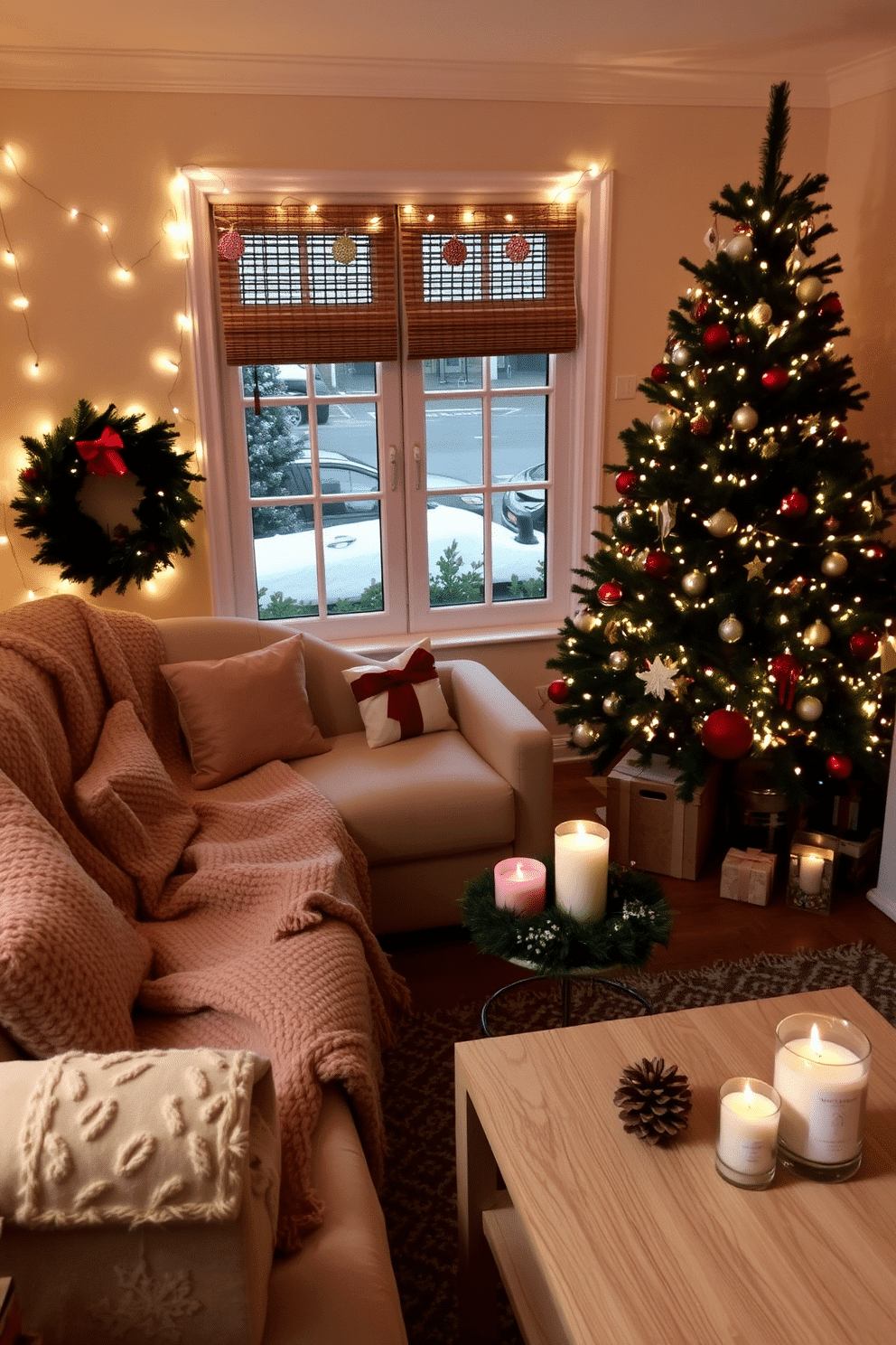 A cozy small living room adorned for Christmas features a plush, oversized sofa draped with a soft, knitted throw blanket. Twinkling fairy lights are strung across the windows, casting a warm glow, while a beautifully decorated Christmas tree stands in the corner, surrounded by wrapped gifts. On the coffee table, an arrangement of scented candles in festive holders adds to the ambiance, filling the air with delightful holiday fragrances. A few seasonal decorations, like a small wreath and pinecones, are scattered throughout the room to enhance the festive spirit.