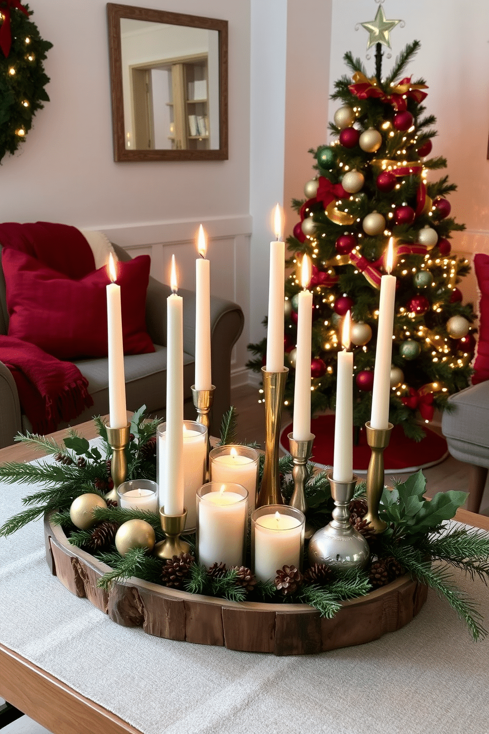 A festive centerpiece featuring an assortment of elegant candles in varying heights, arranged on a rustic wooden tray. Surround the candles with seasonal greenery, such as pine branches and holly, to add a touch of nature and warmth. In a small living room, decorate with a beautifully adorned Christmas tree, adorned with twinkling fairy lights and colorful ornaments. Complement the tree with cozy throw blankets and pillows in rich reds and greens, creating an inviting atmosphere for holiday gatherings.