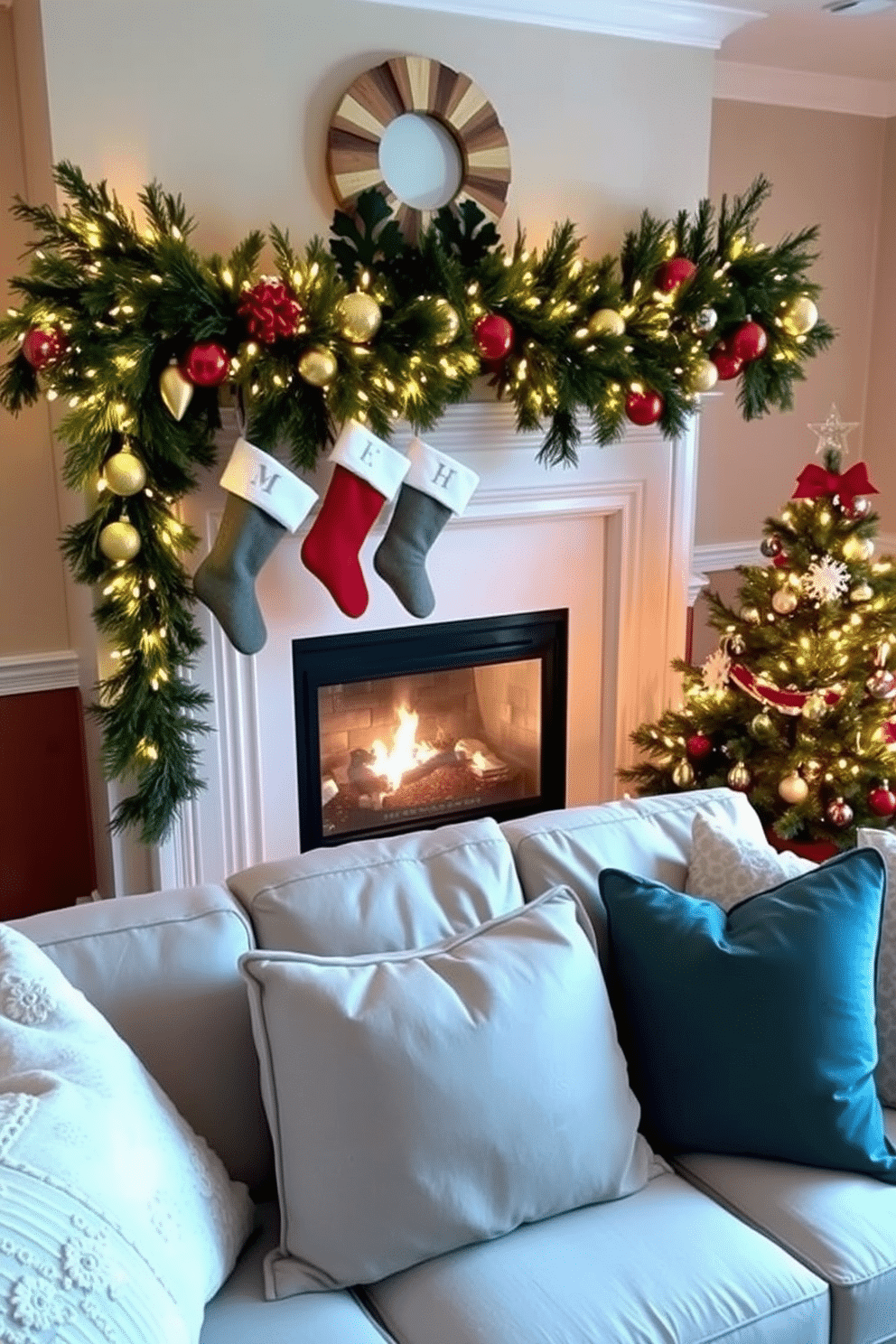 A cozy living room adorned for Christmas features a beautifully draped garland on the mantle, intertwined with twinkling fairy lights and festive ornaments. Complementing the garland, a few carefully placed stockings hang from the mantle, adding a touch of holiday charm. The room is filled with plush throw pillows in seasonal colors, arranged on a soft, inviting sofa. A small, elegantly decorated Christmas tree stands in the corner, radiating warmth with its soft glow and carefully chosen decorations.