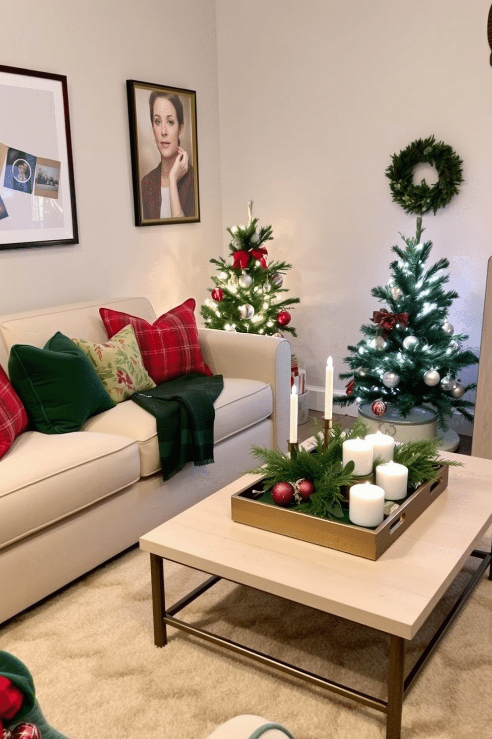 A cozy small living room adorned for the holidays features a plush sofa decorated with festive throw pillows in red and green patterns. A small, elegantly decorated Christmas tree stands in the corner, twinkling with warm white lights and surrounded by wrapped gifts. The walls are adorned with holiday-themed artwork, while a soft, neutral rug anchors the space, adding warmth. A coffee table displays a decorative tray filled with candles and seasonal greenery, creating a welcoming atmosphere for gatherings.