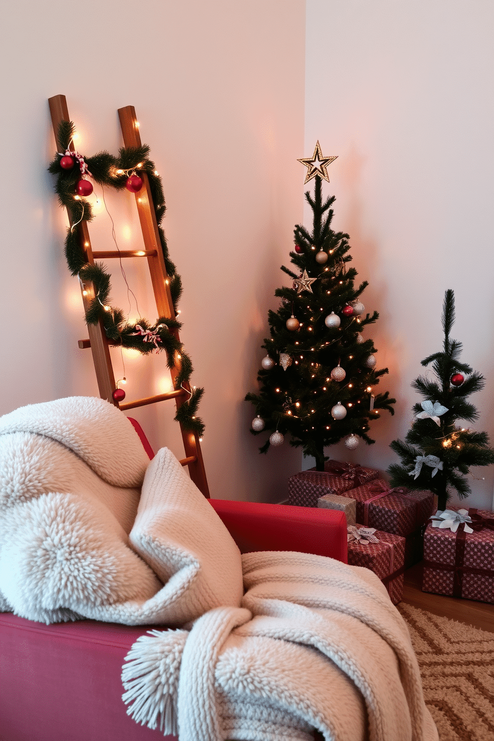 A cozy small living room adorned for Christmas, featuring a decorative ladder positioned against the wall, draped with twinkling fairy lights and festive ornaments. A plush, oversized armchair in a rich red hue complements a soft, cream-colored throw blanket, while a small, elegantly decorated Christmas tree stands in the corner, surrounded by wrapped presents.