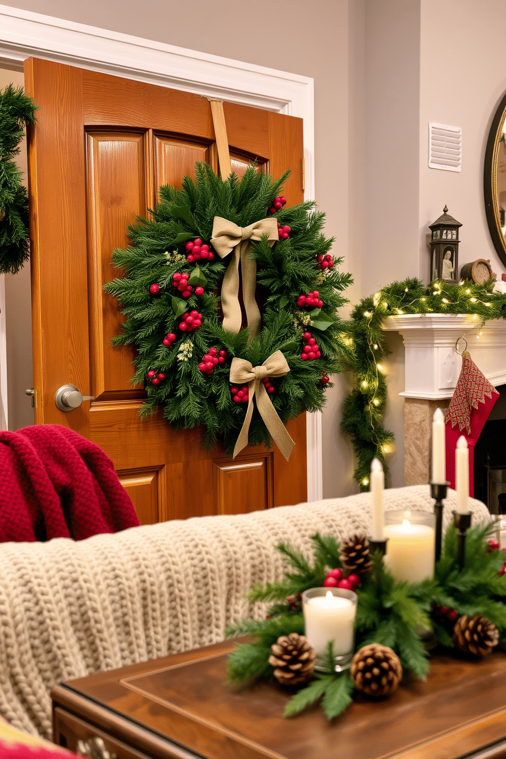 A charming front door adorned with a lush green wreath, featuring red berries and a rustic bow. The door's warm wood finish contrasts beautifully with the vibrant greenery, inviting guests into a festive atmosphere. In a cozy living room, a plush sofa is draped with a soft, knitted throw in festive colors. Twinkling fairy lights are woven around the mantel, complementing the seasonal decorations on the coffee table, which includes a centerpiece of pinecones and candles.