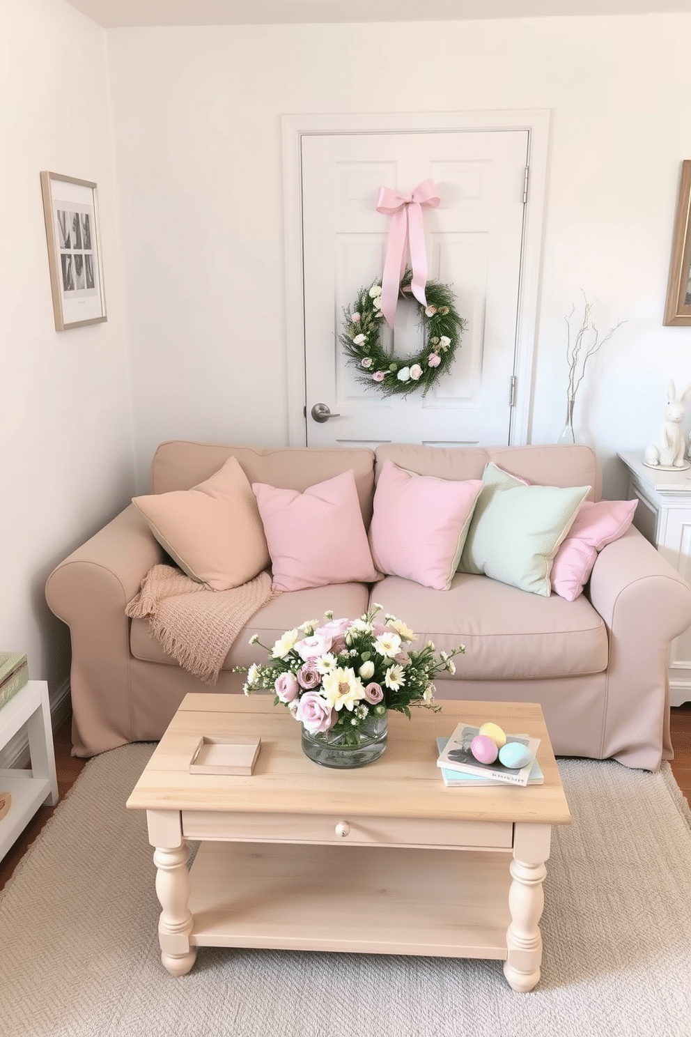 A cozy small living room adorned with pastel-colored throw pillows scattered on a plush sofa. The walls are painted in soft white, and a light wooden coffee table sits in front of the sofa, topped with a delicate arrangement of spring flowers. Easter decorations bring a festive touch, featuring a pastel-themed wreath on the door and colorful eggs artfully placed around the room. A cheerful bunny figurine rests on the mantel, complementing the light and airy atmosphere of the space.