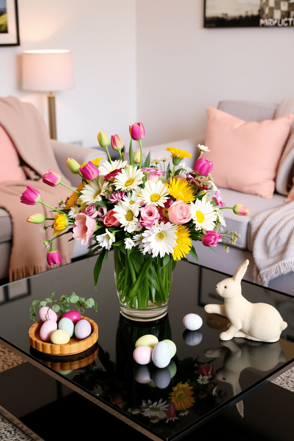 A vibrant floral centerpiece bursts with color on a sleek coffee table, featuring a mix of fresh tulips, daisies, and roses arranged in an elegant glass vase. Surrounding the table, cozy seating with pastel cushions invites guests to enjoy the cheerful atmosphere of this small living room. Easter decorations bring a festive touch to the space, with delicate pastel eggs nestled among the flowers and a charming bunny figurine perched nearby. Soft, textured throws drape over the furniture, enhancing the inviting and seasonal ambiance of the room.