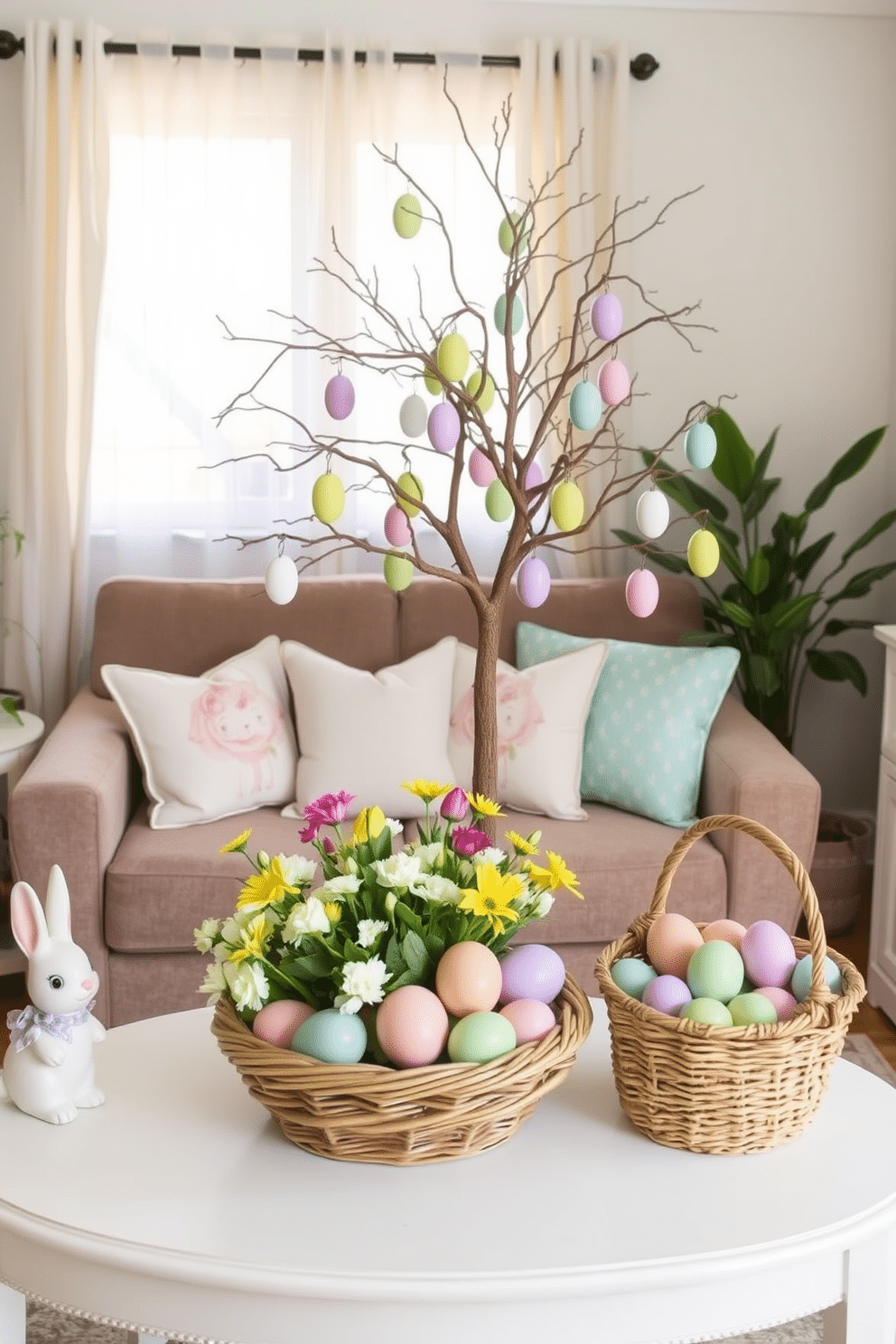 A charming small living room decorated for Easter features a whimsical Easter egg tree, adorned with pastel-colored eggs hanging from its branches. The cozy seating area includes a plush sofa with spring-themed throw pillows, and a coffee table is set with a lovely arrangement of fresh flowers and decorative eggs. Soft, natural light filters through sheer curtains, casting a warm glow on the space. A cheerful bunny figurine and a woven basket filled with colorful eggs add playful touches to the decor, creating a festive and inviting atmosphere.