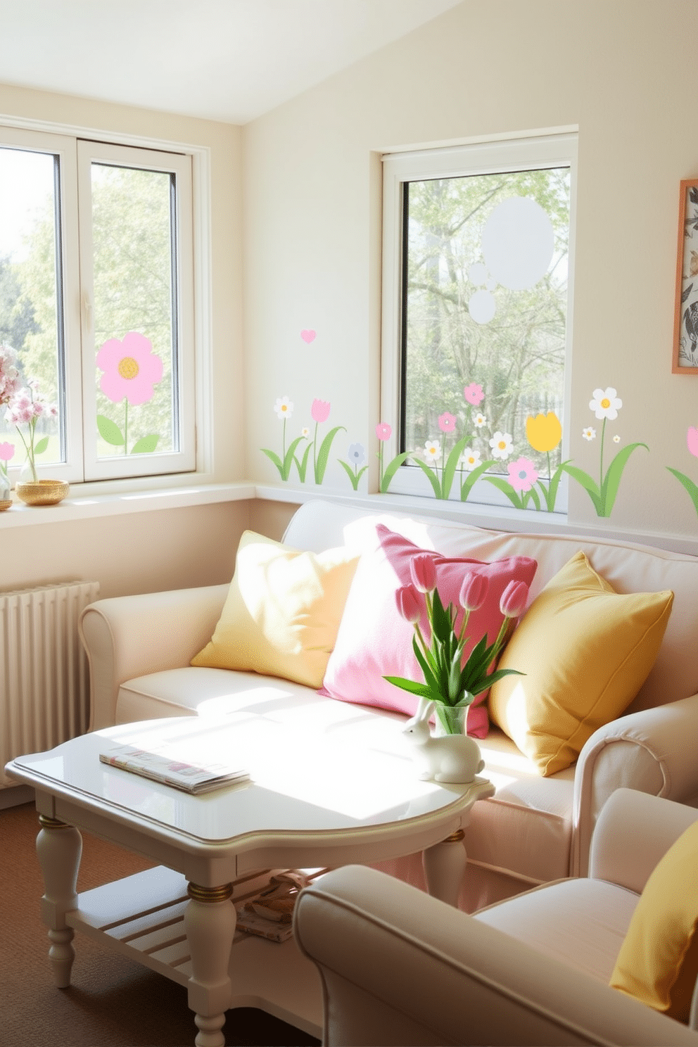 A cozy small living room adorned with spring-themed window decals featuring pastel colors and floral designs. The space is complemented by a light, airy color palette, with a soft, cream-colored sofa and vibrant throw pillows in shades of pink and yellow. A charming coffee table is set with a decorative bunny figurine and a vase of fresh tulips, enhancing the festive atmosphere. Soft, natural light filters through the window, illuminating the cheerful decor and creating an inviting ambiance perfect for Easter celebrations.