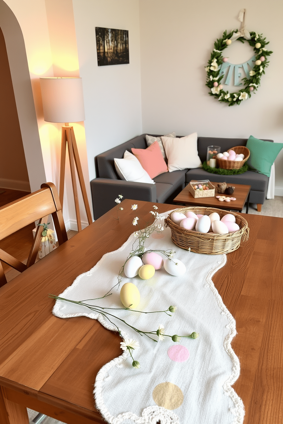 A charming Easter-themed table runner stretches across a rustic wooden dining table, adorned with pastel-colored eggs and delicate floral arrangements. Soft, ambient lighting from a nearby lamp creates a warm atmosphere, enhancing the festive decor. In a small living room, a cozy seating area features plush cushions in spring colors, complemented by a cheerful Easter wreath on the wall. A decorative basket filled with seasonal treats rests on a coffee table, inviting guests to enjoy the holiday spirit.