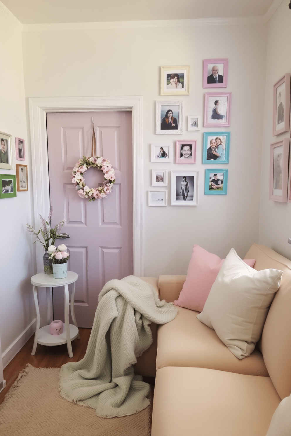 A cozy small living room adorned with pastel-colored picture frames hanging on the walls, showcasing family memories and artistic prints. The frames are arranged in a playful collage, complementing the soft hues of the decor and enhancing the inviting atmosphere of the space. For Easter, the room features delicate decorations such as a pastel-colored wreath on the door and a small table adorned with spring-themed centerpieces. Plush cushions in light shades and a throw blanket draped over the sofa create a warm, festive ambiance perfect for celebrating the holiday.