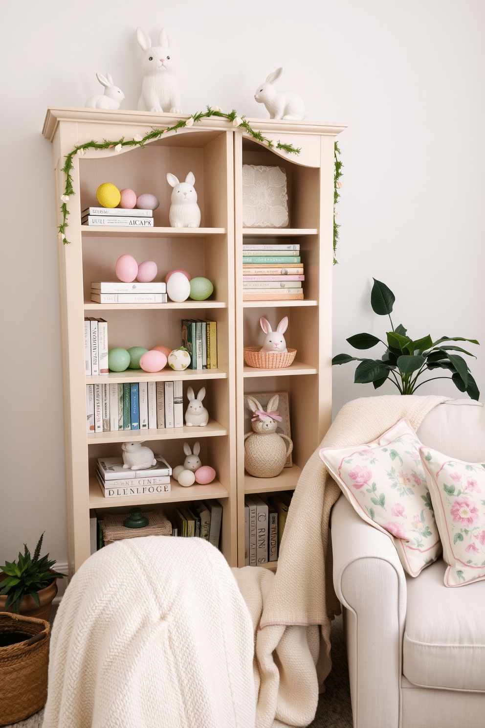 A charming bookcase adorned with Easter-themed decorations. Colorful eggs in pastel shades are nestled among the books, while small ceramic bunnies peek out from the shelves. The living room features a cozy arrangement with a light-colored sofa and a soft throw blanket. A few decorative pillows with floral patterns complement the Easter decor, creating a warm and inviting atmosphere.