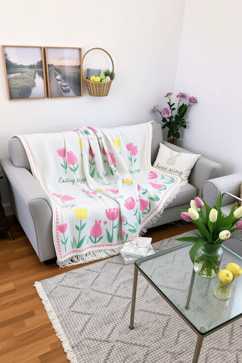 A cozy small living room adorned with a spring-themed throw blanket draped over a light gray sofa. The blanket features pastel colors and floral patterns, creating a cheerful atmosphere perfect for Easter celebrations. In the corner, a decorative basket filled with colorful Easter eggs adds a playful touch. A small coffee table is set with a vase of fresh tulips, enhancing the seasonal decor.