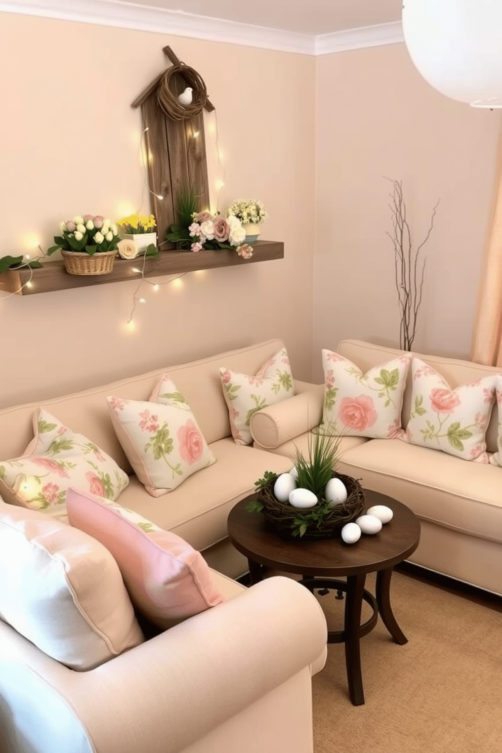 A cozy small living room adorned for Easter, featuring a pastel color palette with soft pinks and yellows. In the corner, a decorative bird nest is nestled on a rustic wooden shelf, surrounded by spring flowers and twinkling fairy lights. A plush, light-colored sofa is accented with cheerful throw pillows in floral patterns. A small coffee table in the center holds a beautifully arranged centerpiece with decorative bird nests, eggs, and a touch of greenery, creating a warm and inviting atmosphere.