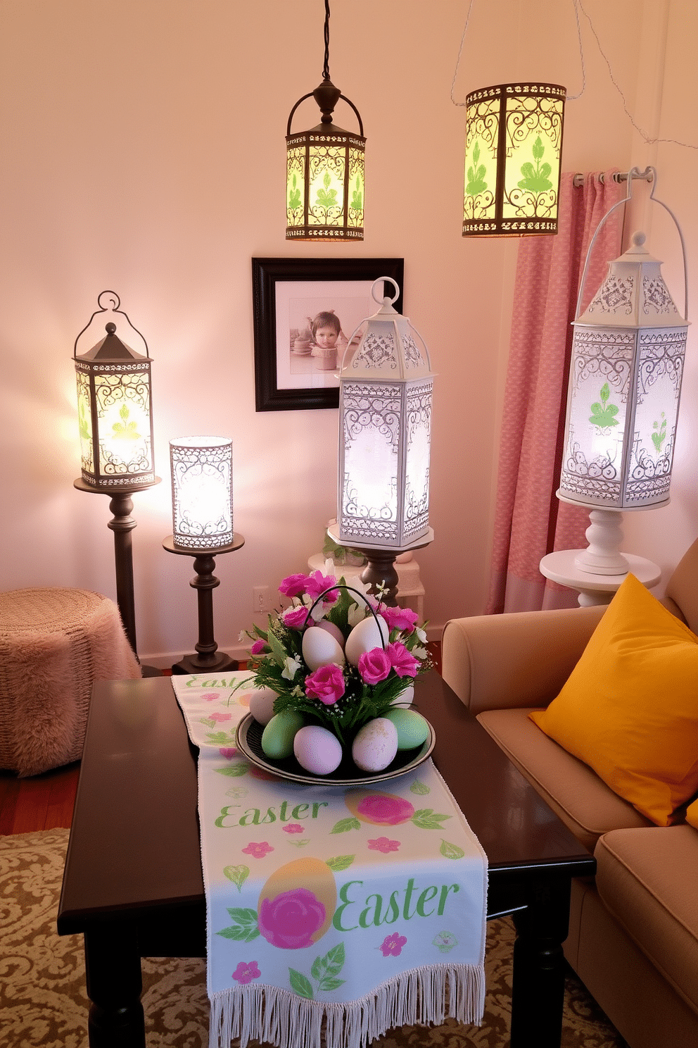 Easter-themed lanterns are placed strategically around the small living room, each adorned with pastel colors and intricate designs that celebrate the holiday spirit. Soft, warm light filters through the lanterns, creating a cozy and inviting atmosphere perfect for family gatherings. A charming arrangement of decorative eggs and spring flowers is set on a coffee table, complemented by a vibrant table runner featuring Easter motifs. Plush cushions in cheerful colors accent the seating area, enhancing the festive ambiance of the room.