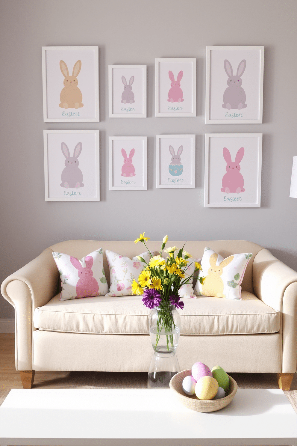 A charming display of Easter-themed wall art features pastel-colored bunnies and decorated eggs, framed in white to enhance the festive atmosphere. The artwork is arranged in a gallery style on a soft gray wall, creating a cheerful focal point for the room. In a small living room, a cozy arrangement includes a light-colored sofa adorned with Easter-themed throw pillows showcasing floral patterns and playful bunny motifs. A decorative coffee table is topped with a vibrant vase of fresh spring flowers and a few colorful Easter eggs, adding a touch of seasonal charm to the space.