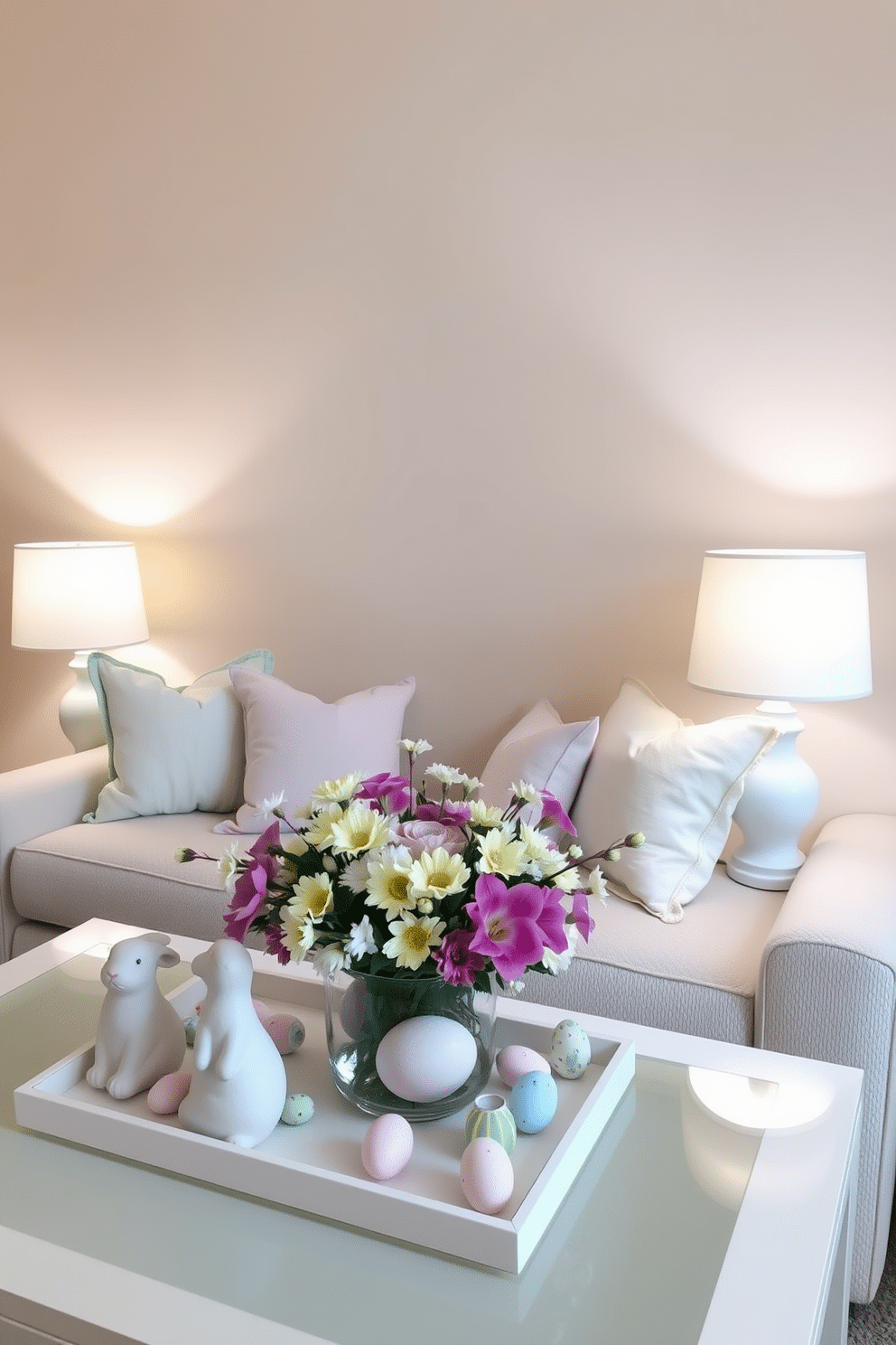 A cozy small living room decorated for Easter features pastel-colored table lamps that emit a warm, inviting glow. The lamps are placed on either side of a plush sofa adorned with soft, spring-themed cushions, enhancing the cheerful ambiance of the space. A delicate arrangement of fresh flowers in pastel hues sits on the coffee table, surrounded by Easter-themed decor like painted eggs and bunny figurines. The walls are a soft cream, creating a perfect backdrop for the vibrant decorations and adding to the overall charm of the room.