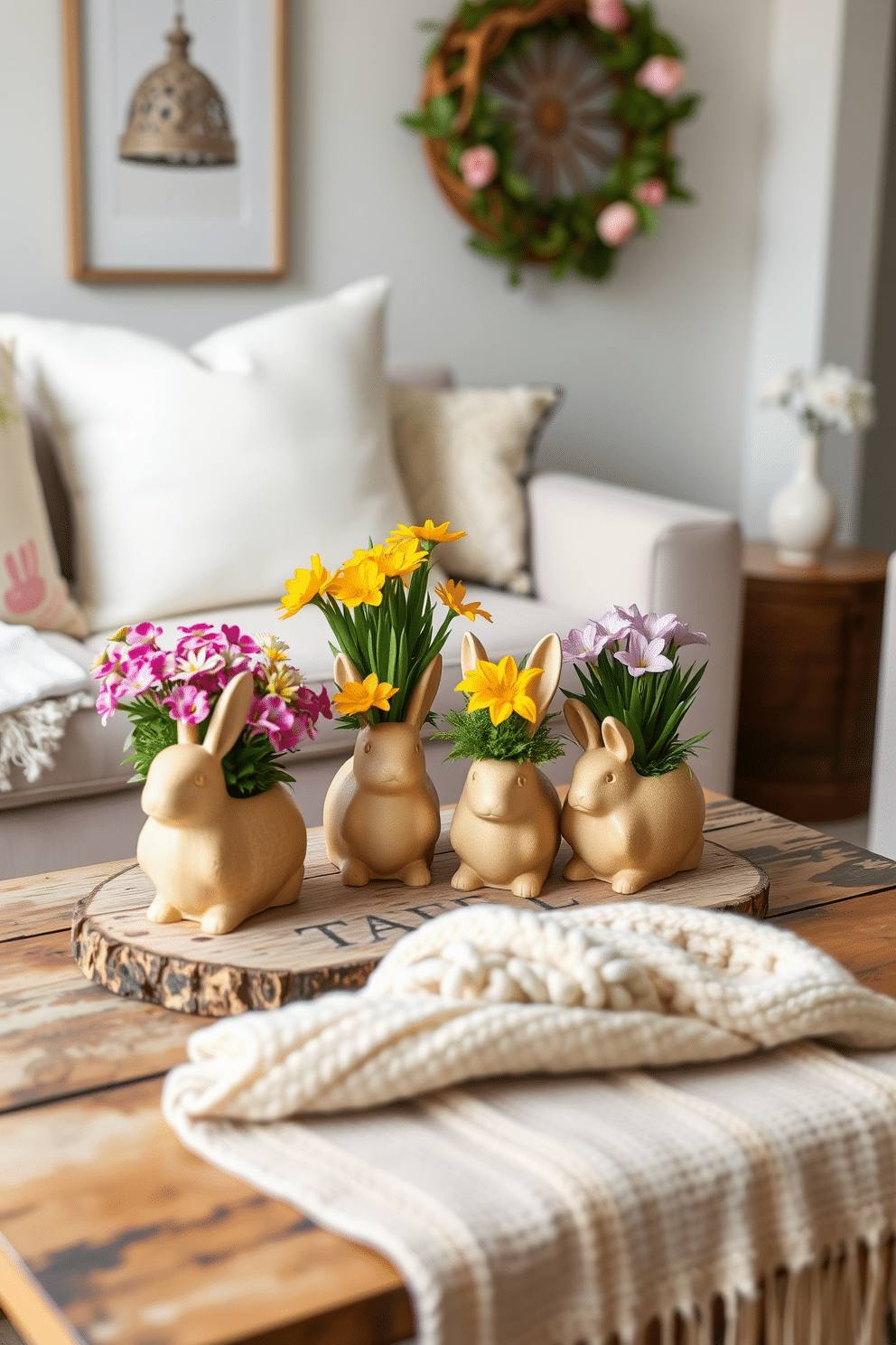 A charming small living room decorated for Easter features bunny-shaped planters filled with vibrant spring flowers. The planters are strategically placed on a rustic coffee table, surrounded by pastel-colored cushions and a soft, woven throw blanket.