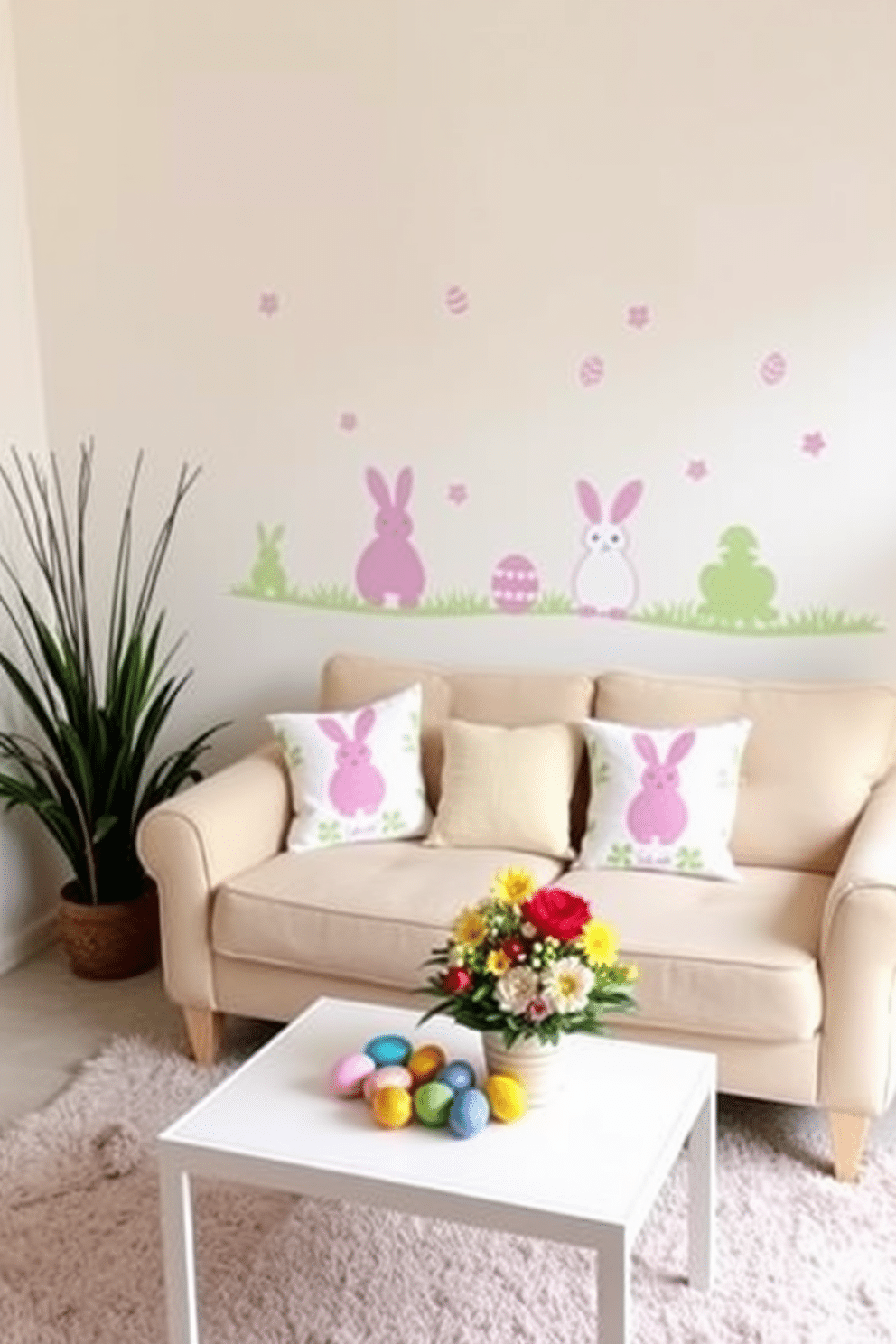 Easter-themed wall decals featuring pastel-colored bunnies and eggs create a cheerful atmosphere in the small living room. The decals are strategically placed on a light-colored wall, enhancing the festive vibe without overwhelming the space. Incorporate a cozy seating arrangement with a soft, neutral-colored sofa adorned with Easter-themed throw pillows. A small coffee table is decorated with a vibrant floral arrangement and a collection of colorful Easter eggs to complete the festive look.