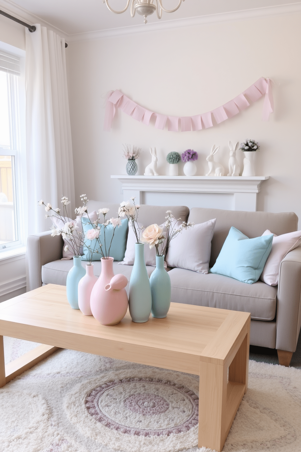 A cozy small living room adorned with pastel-colored vases in soft shades of pink, blue, and lavender. The vases are artfully arranged on a light wooden coffee table, surrounded by plush cushions in coordinating colors on a modern sofa. Easter decorations bring a festive touch, featuring delicate floral arrangements and whimsical bunny figurines. A pastel-colored garland hangs above the mantel, complementing the serene atmosphere of the room.