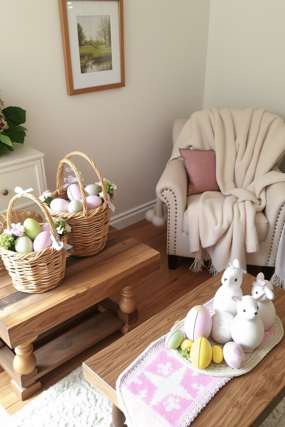 A charming arrangement of decorative Easter baskets sits on a rustic wooden table, filled with pastel-colored eggs and spring flowers. The baskets are woven with natural fibers, showcasing intricate patterns and adorned with soft ribbons. In a small living room, a cozy corner features a pastel-themed Easter display, with a plush throw draped over a stylish armchair. A small coffee table is adorned with a vibrant table runner, surrounded by decorative bunnies and colorful eggs, creating a festive and inviting atmosphere.