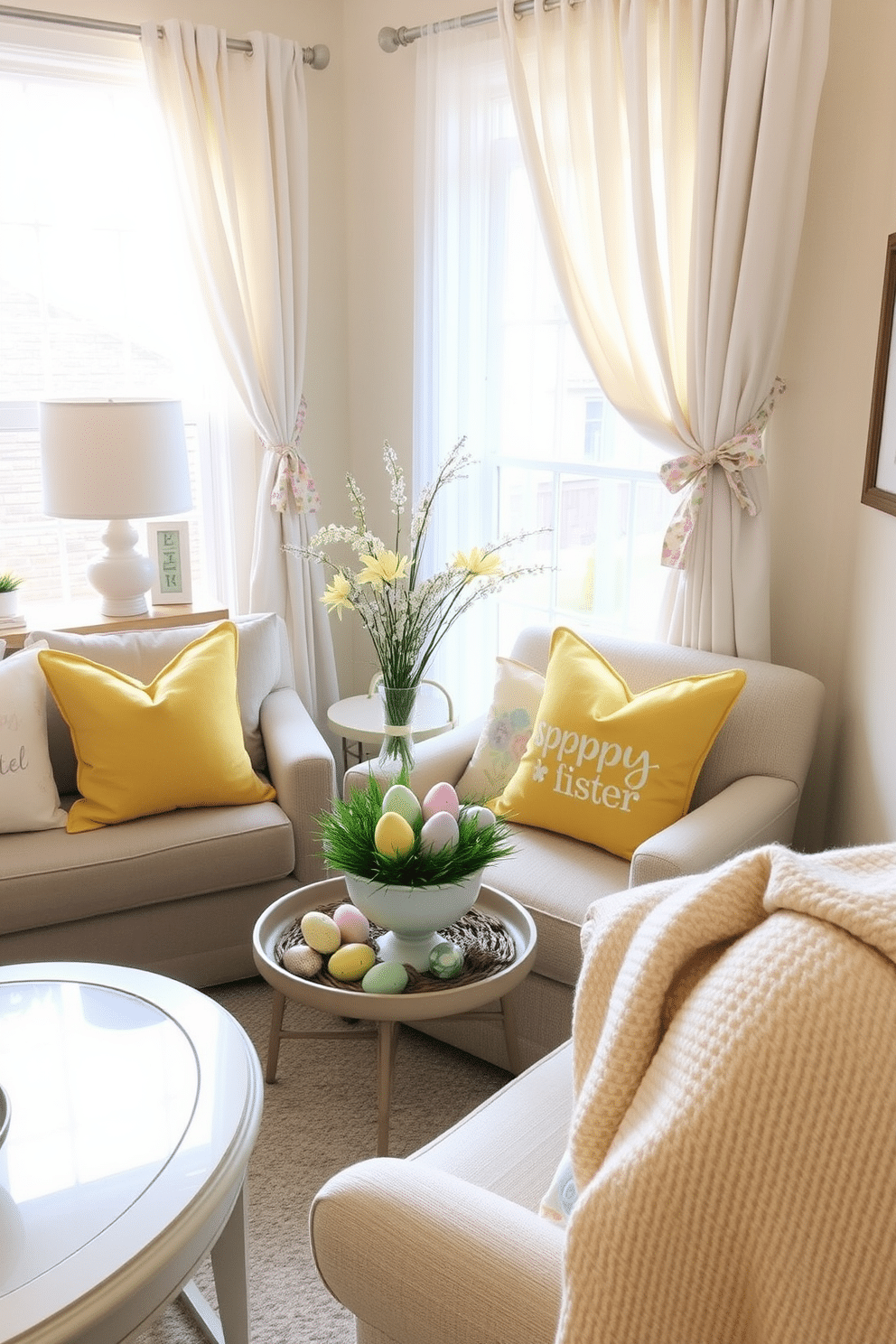 A charming small living room adorned with spring-themed curtain tiebacks featuring pastel floral patterns. The space is brightened by soft natural light filtering through sheer curtains, complemented by decorative pillows in cheerful hues of yellow and lavender. Easter decorations are tastefully arranged, including a whimsical centerpiece on the coffee table with a mix of colorful eggs and fresh spring flowers. A cozy throw blanket drapes over the armchair, enhancing the inviting atmosphere of this seasonal retreat.