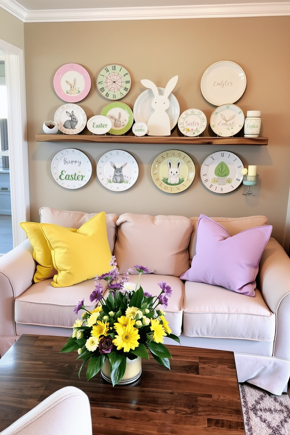 A cozy small living room adorned with Easter-themed decorative plates displayed on a rustic wooden shelf. The plates feature pastel colors and whimsical designs, adding a cheerful touch to the space. A soft, neutral-colored sofa is accented with vibrant throw pillows in shades of yellow and lavender. A small coffee table holds a centerpiece of fresh spring flowers, complementing the festive atmosphere.