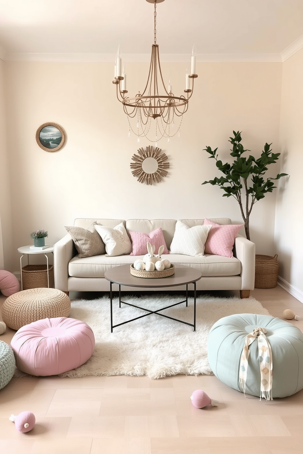 A cozy small living room adorned with pastel-colored poufs scattered around, creating a playful yet inviting atmosphere. The walls are painted in a soft cream hue, complemented by a light pastel rug that ties the space together, while a small coffee table sits at the center, adorned with seasonal Easter decorations.