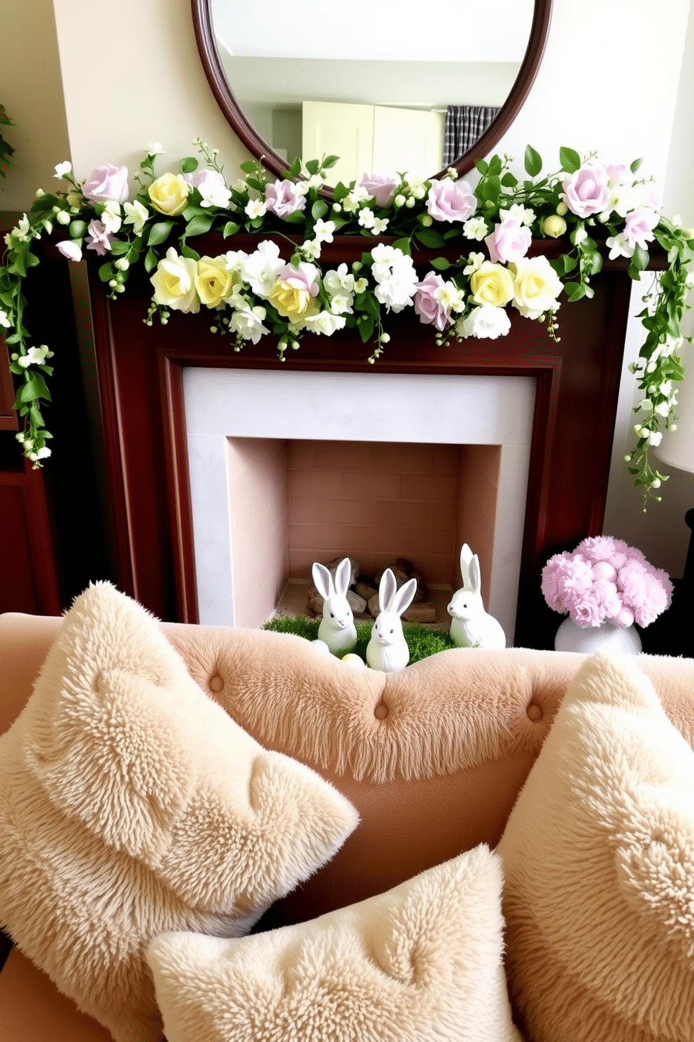 A cozy small living room adorned with Easter-themed decorations. The fireplace is beautifully decorated with pastel-colored eggs nestled in a bed of moss, flanked by two charming bunny figurines. Above the mantel, a garland of faux flowers and delicate leaves creates a festive touch. Soft, plush throw pillows in cheerful spring colors are scattered across the sofa, inviting warmth and comfort.