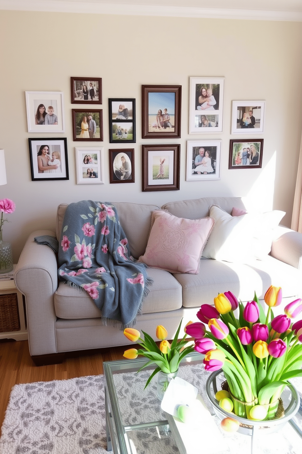 A cozy small living room adorned with spring-themed decorations. Bright pastel colors dominate the space, featuring a floral-patterned throw blanket draped over a light grey sofa. A collection of framed photos showcasing Easter celebrations is arranged on the wall. A decorative coffee table holds a vibrant centerpiece of tulips and a few colorful Easter eggs.