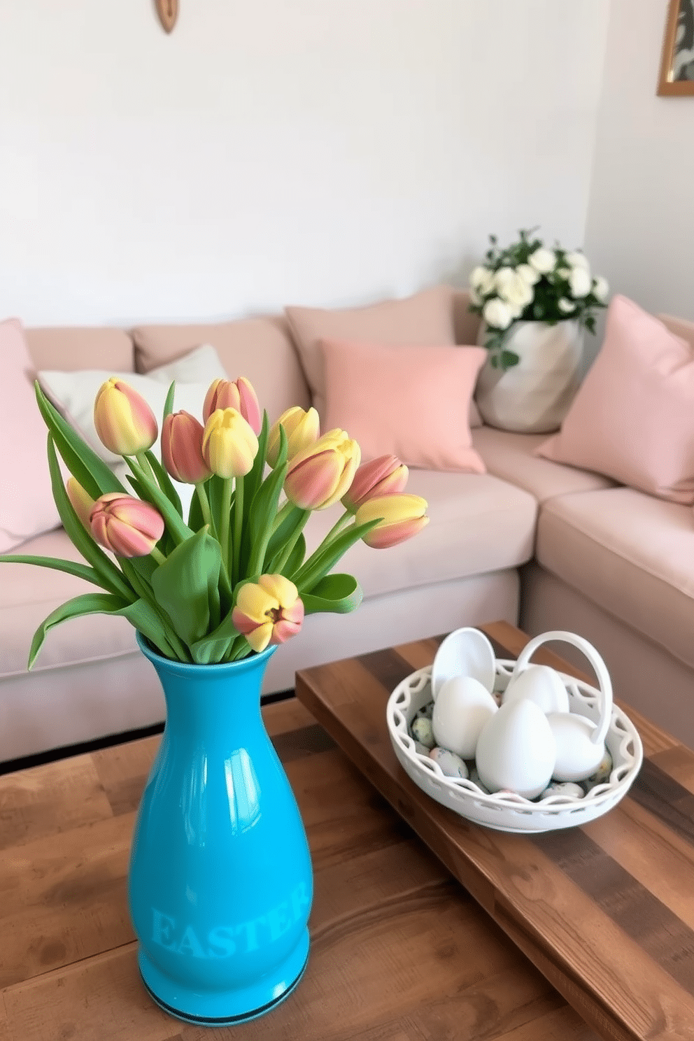 A cozy small living room adorned with fresh tulips in a vibrant vase, positioned on a rustic wooden coffee table. Soft pastel-colored cushions scatter across a plush beige sofa, while a delicate Easter-themed centerpiece adds a festive touch to the space.